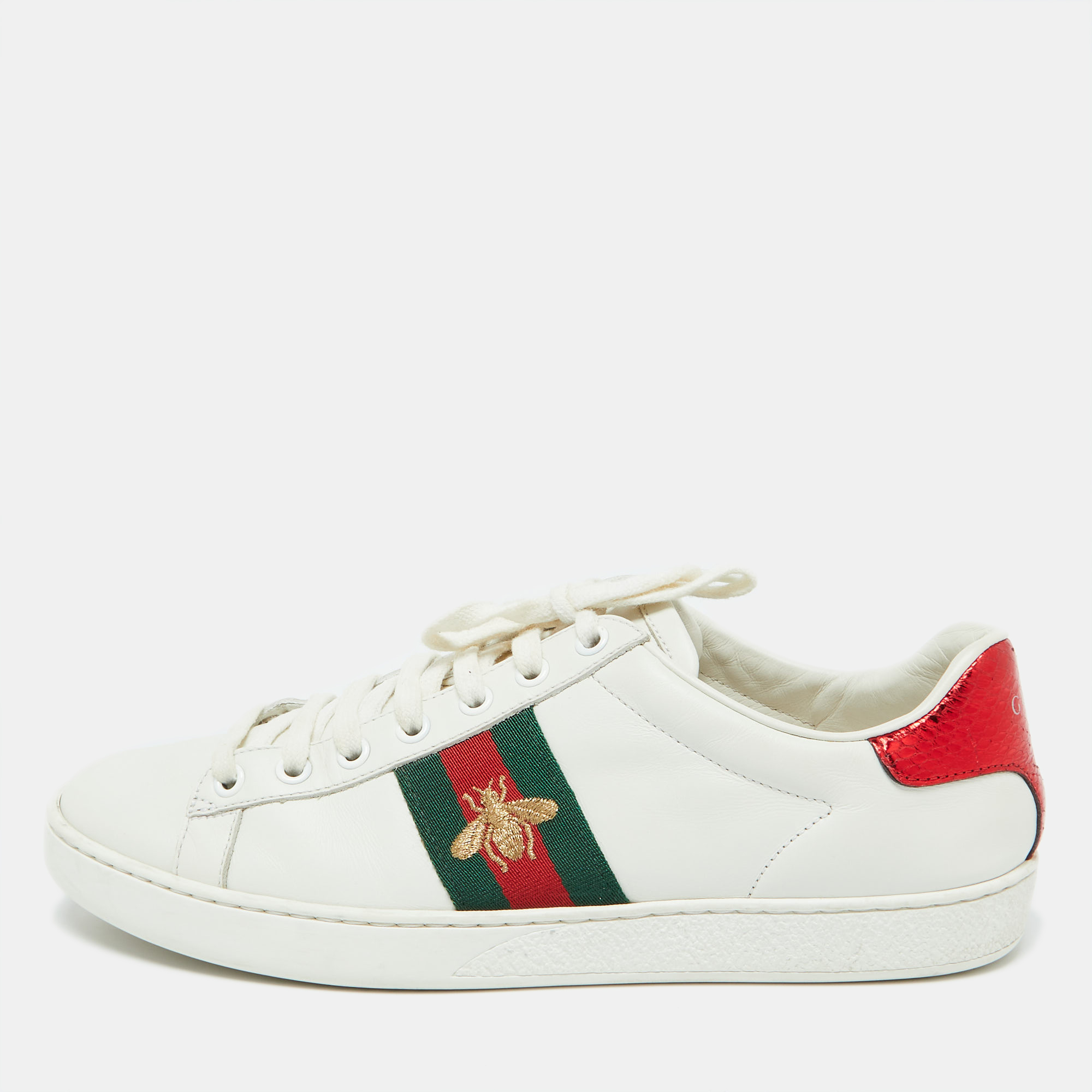 

Gucci White Leather Bee Embroidered Ace Low Top Sneakers Size