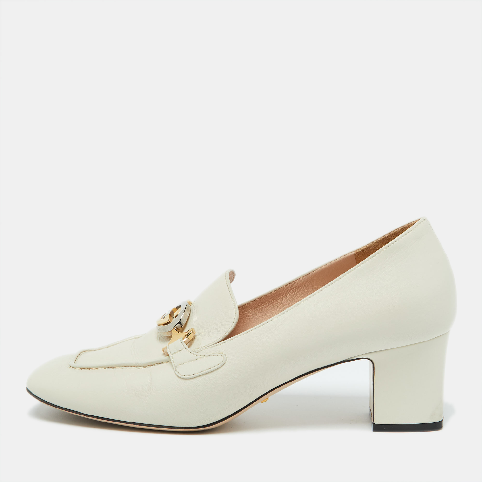 

Gucci White Leather Zumi GG Loafer Block Heel Pumps Size