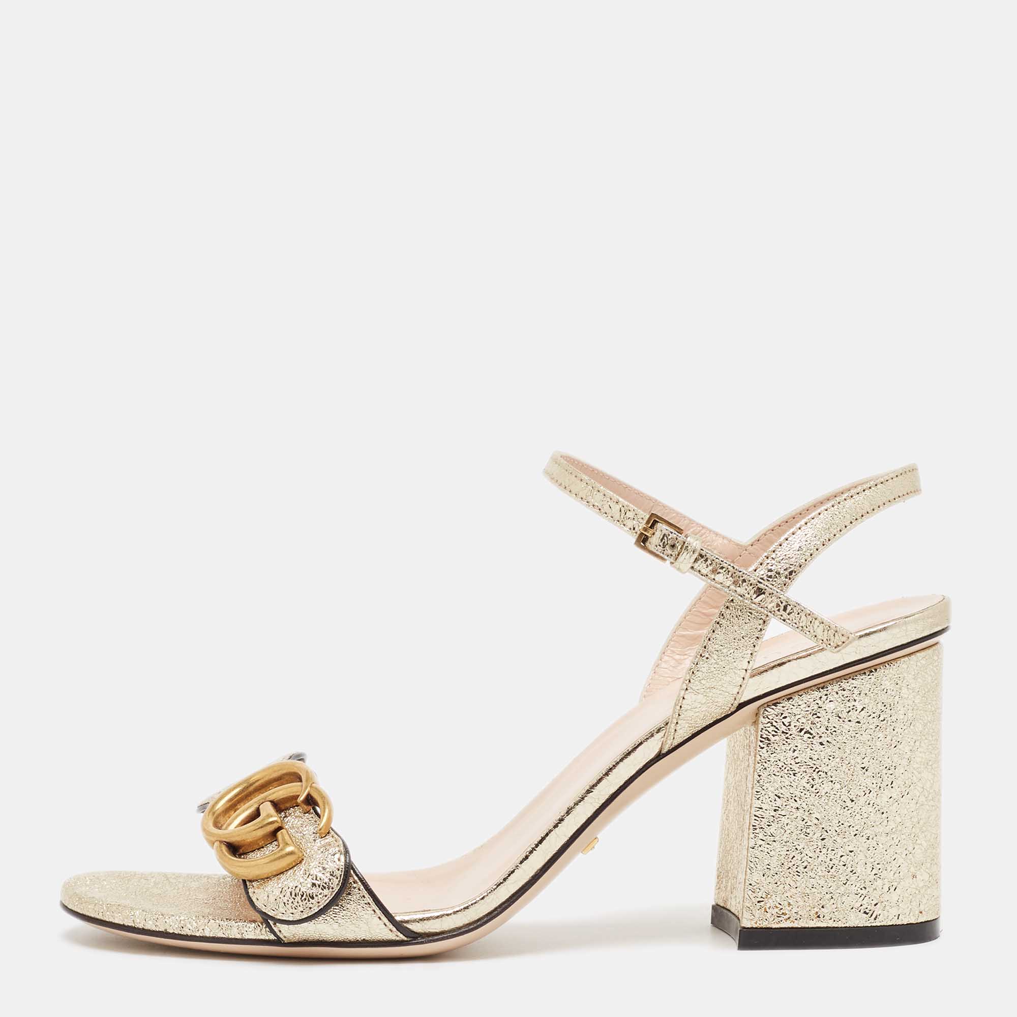 

Gucci Metallic Gold Crinkled Leather GG Marmont Ankle Strap Sandals Size