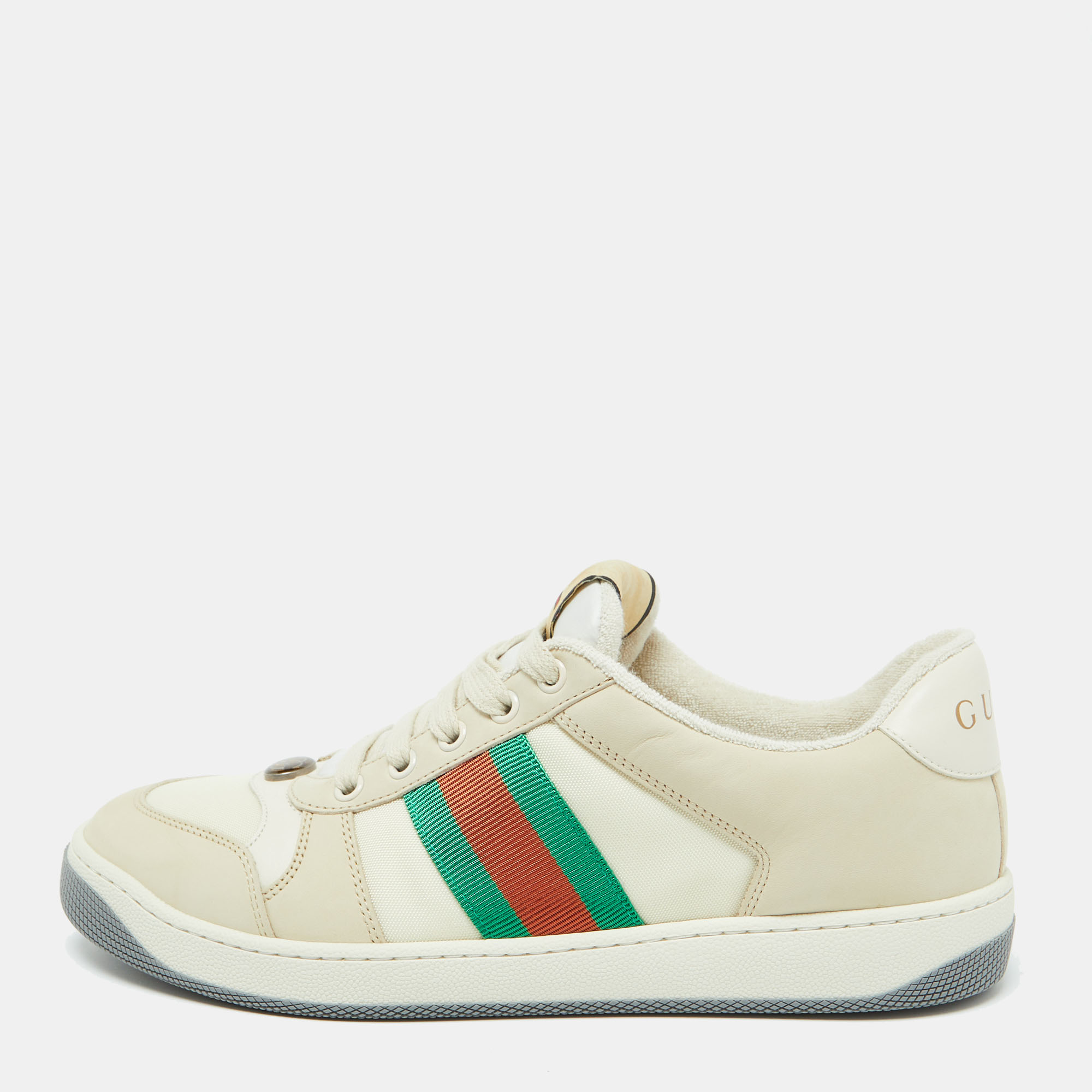 

Gucci Beige Leather and Fabric Screener Low Top Sneakers Size