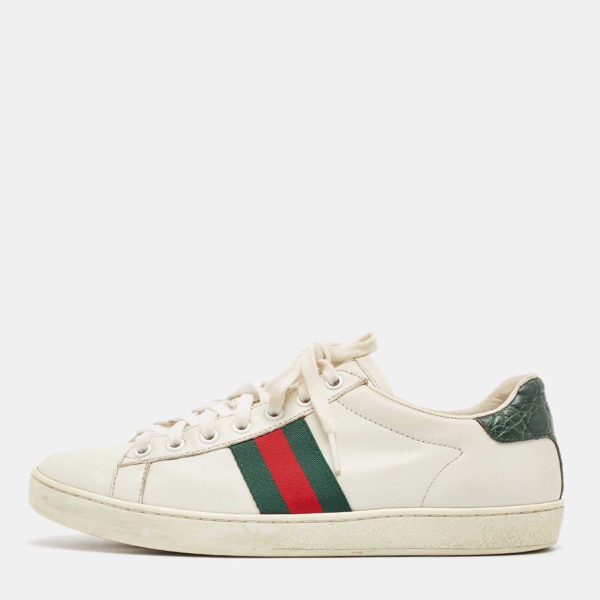 

Gucci White Crocodile and Leather Ace Lace Up Sneakers Size