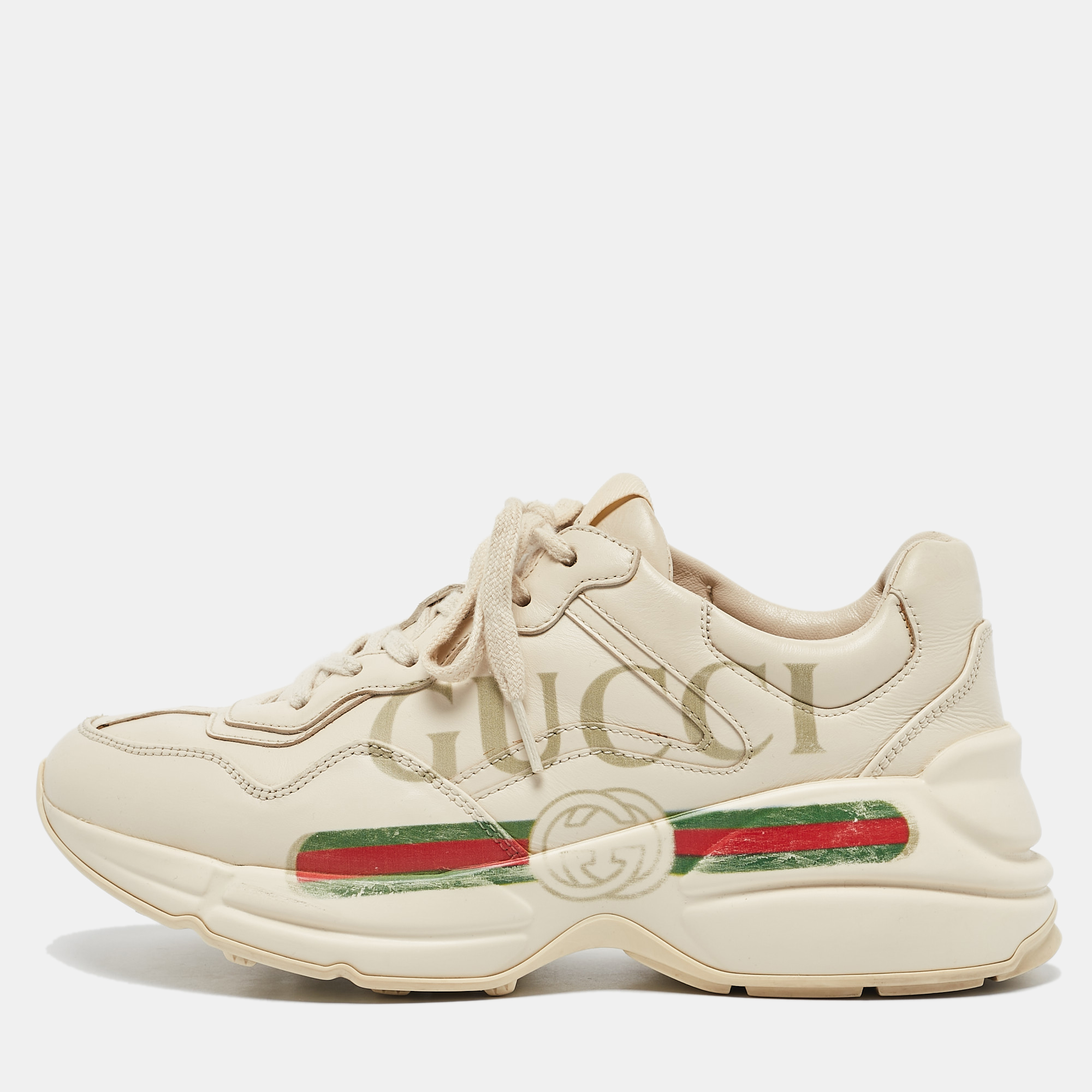 

Gucci Cream Leather Rhyton Lace Up Sneakers Size