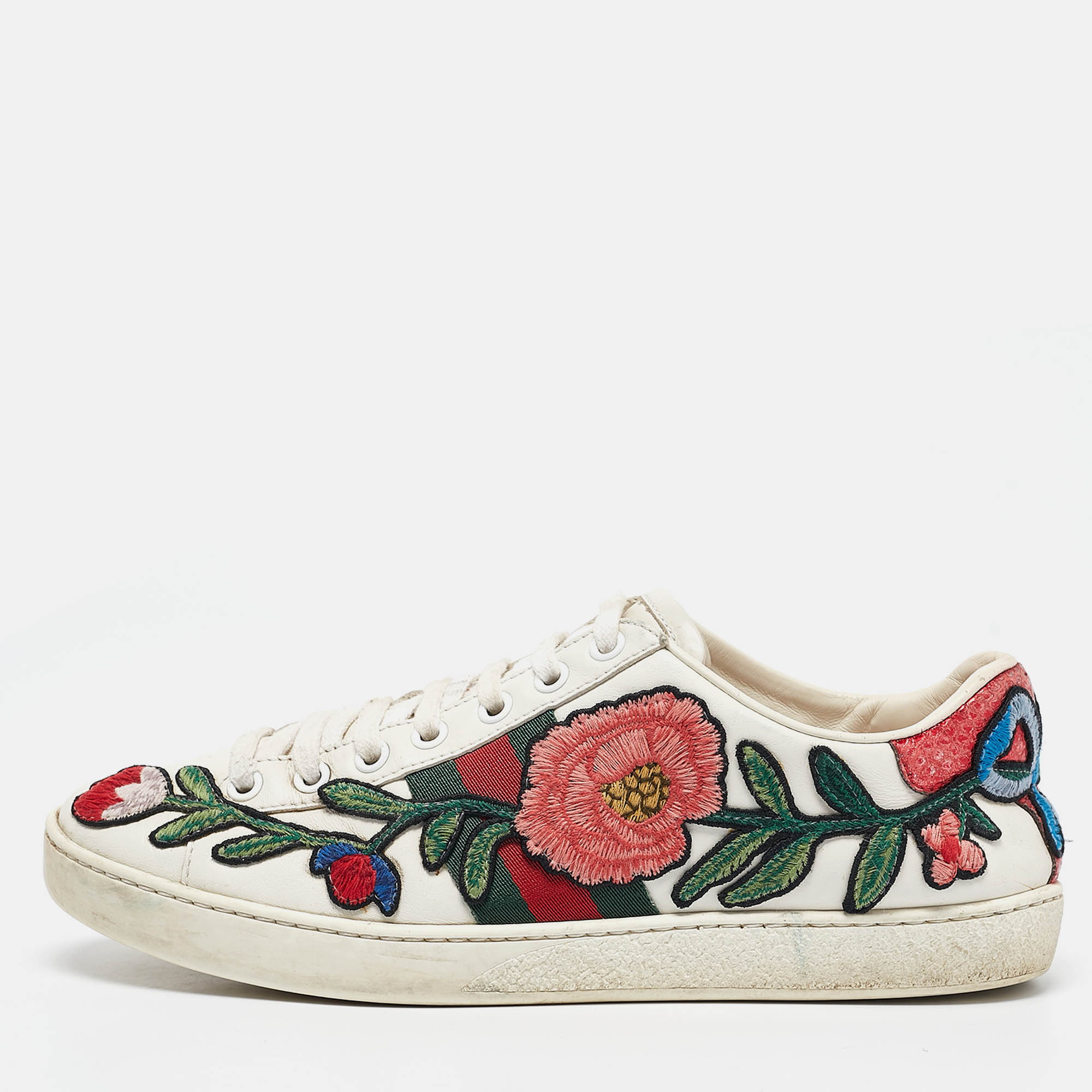 

Gucci White Leather Floral Embroidered Ace Sneakers Size