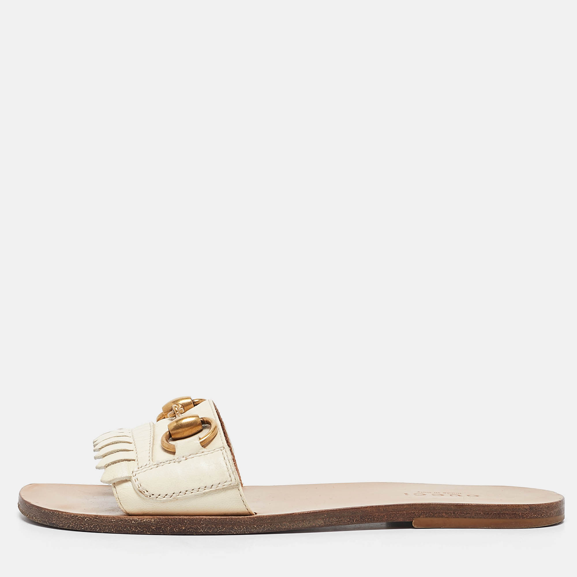 Pre-owned Gucci Cream Leather Horsebit Fringe Detail Flat Slides Size 34