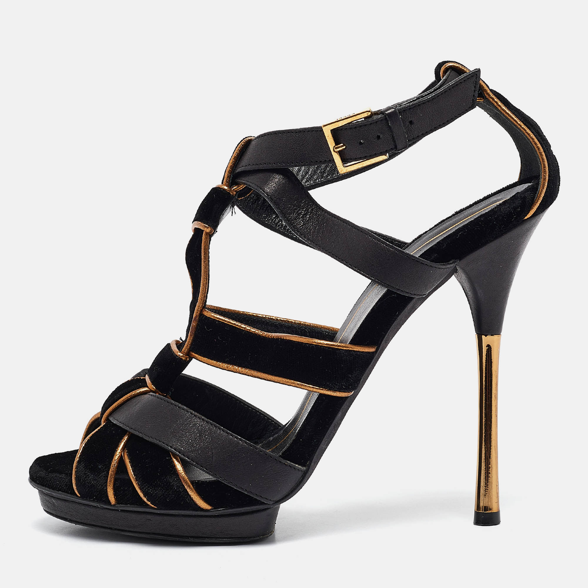 

Gucci Black/Gold Leather and Suede Malika Ankle Strap Sandals Size