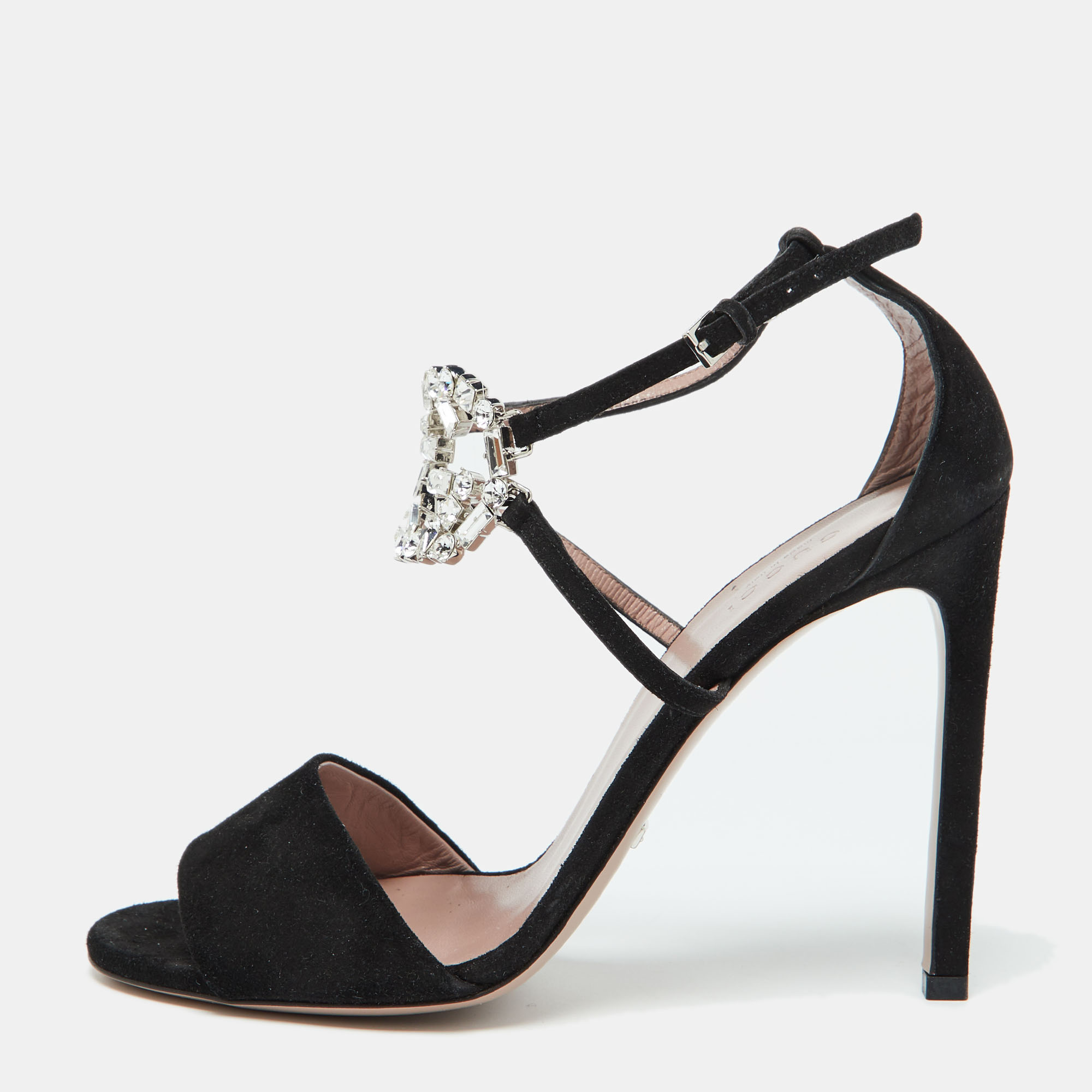 

Gucci Black Suede Crystal Embellished GG Interlock Ankle Strap Sandals Size