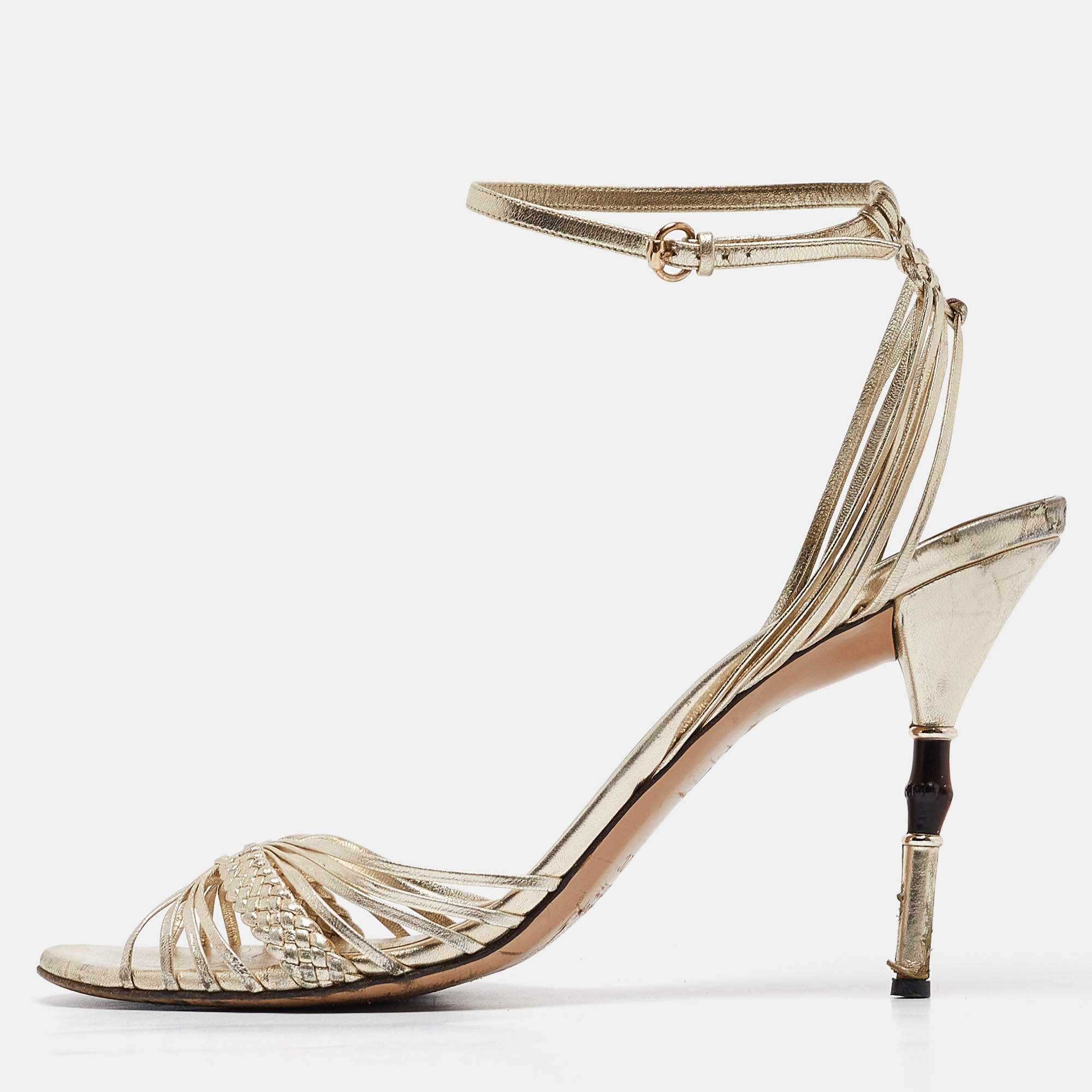 

Gucci Gold Braided Leather Ankle Strap Sandals Size