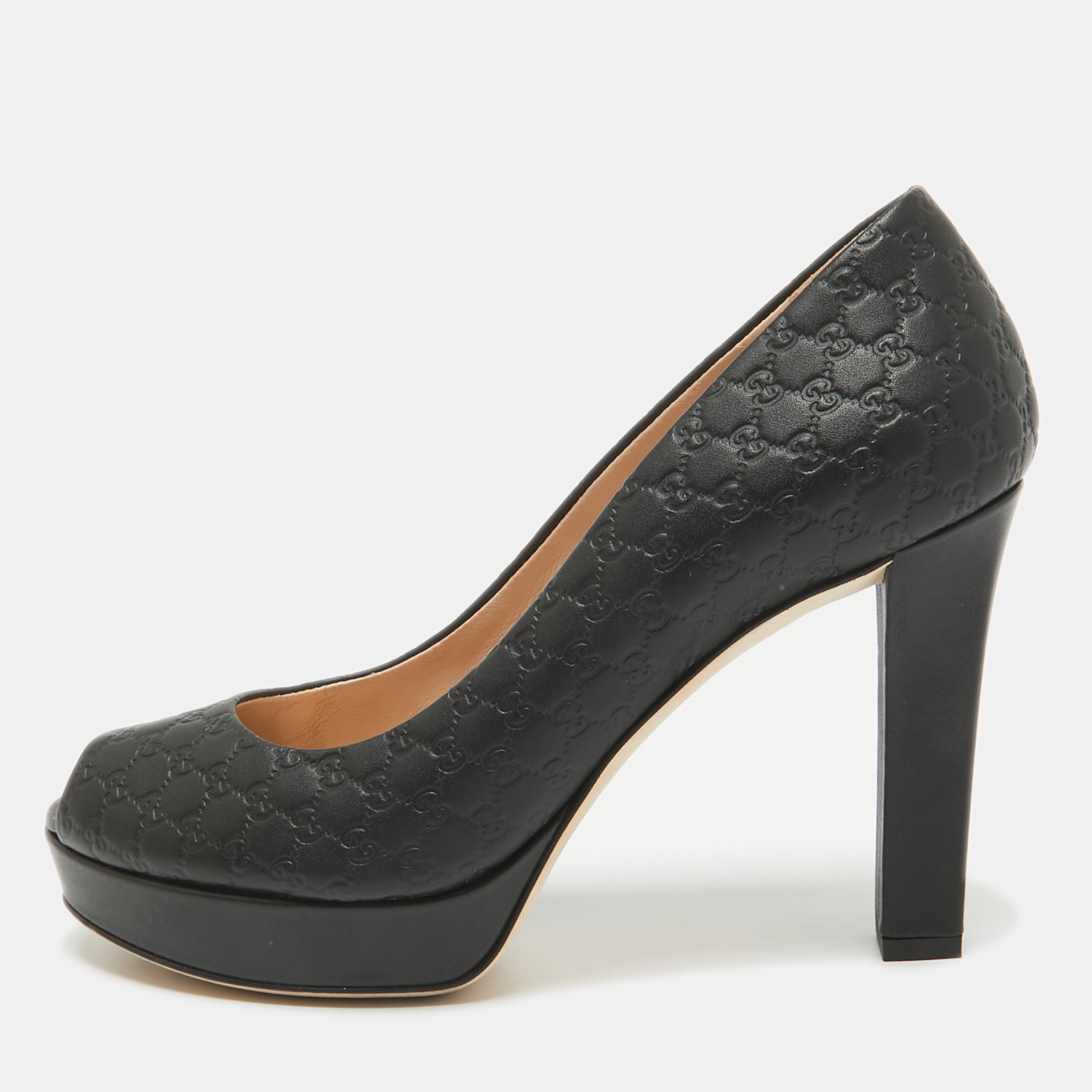 

Gucci Black GG Leather Platform Peep Toe Pumps Size