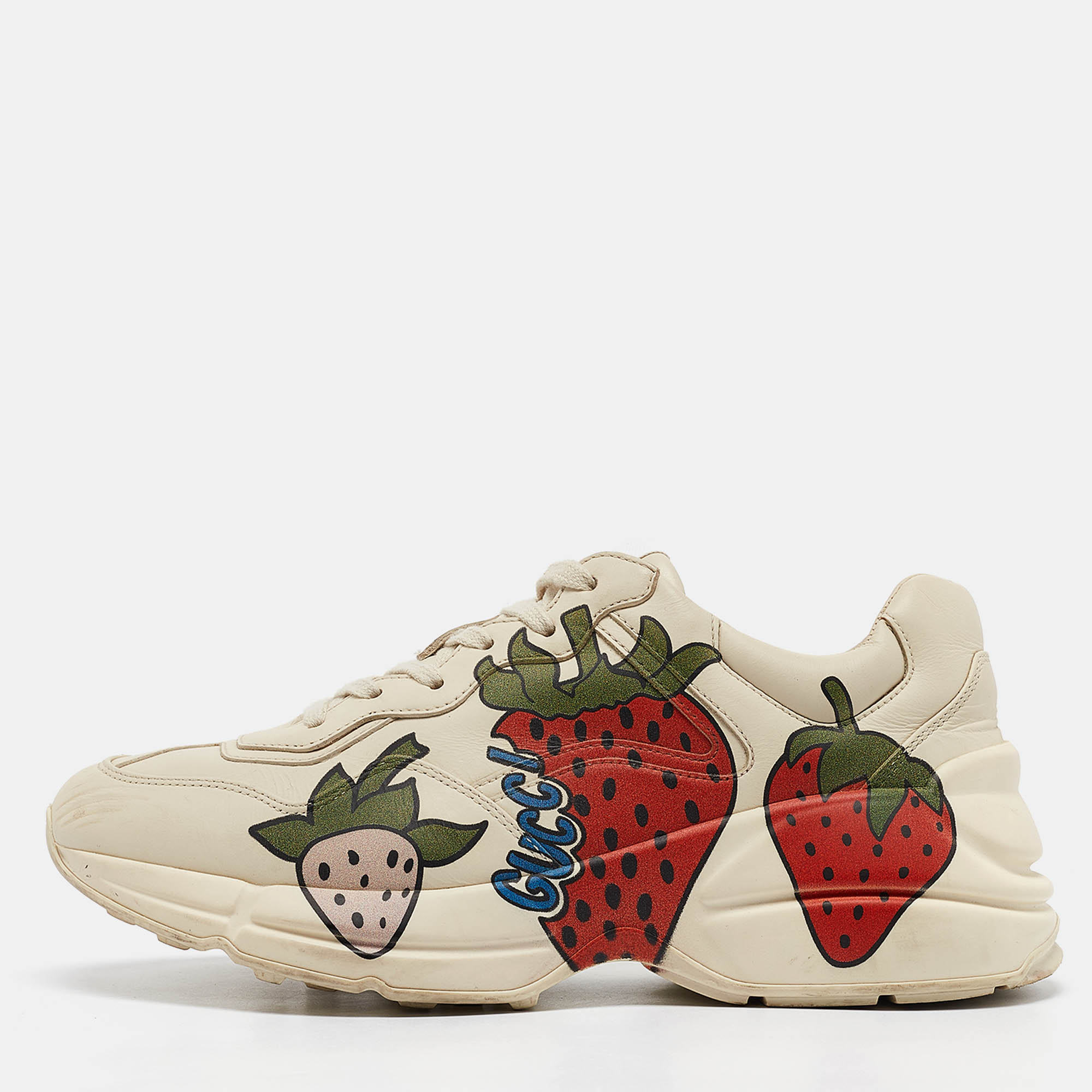 

Gucci Cream Leather Strawberry Print Rhyton Sneakers Size