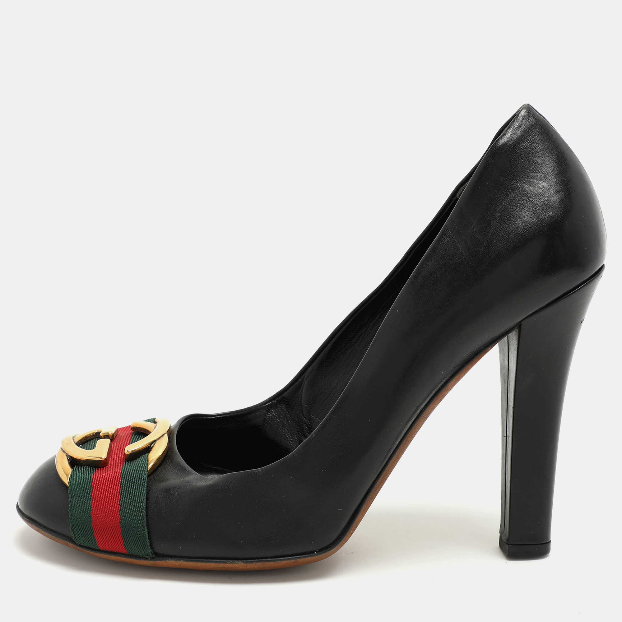 

Gucci Black Leather GG Web Pumps Size