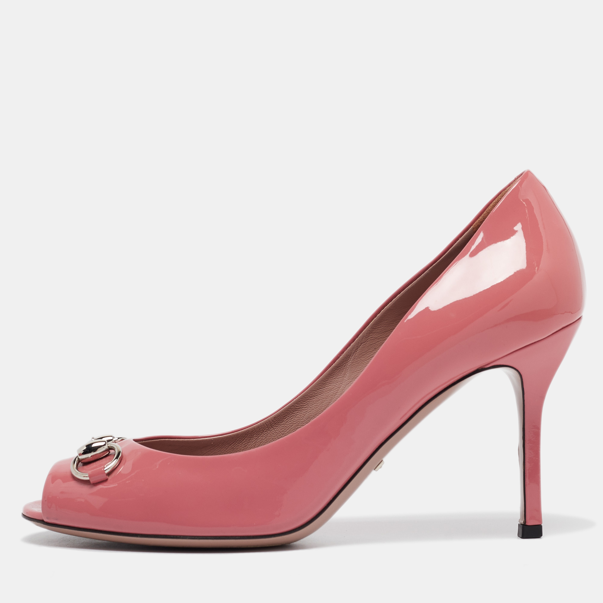 

Gucci Pink Patent Leather Horsebit Peep Toe Pumps Size