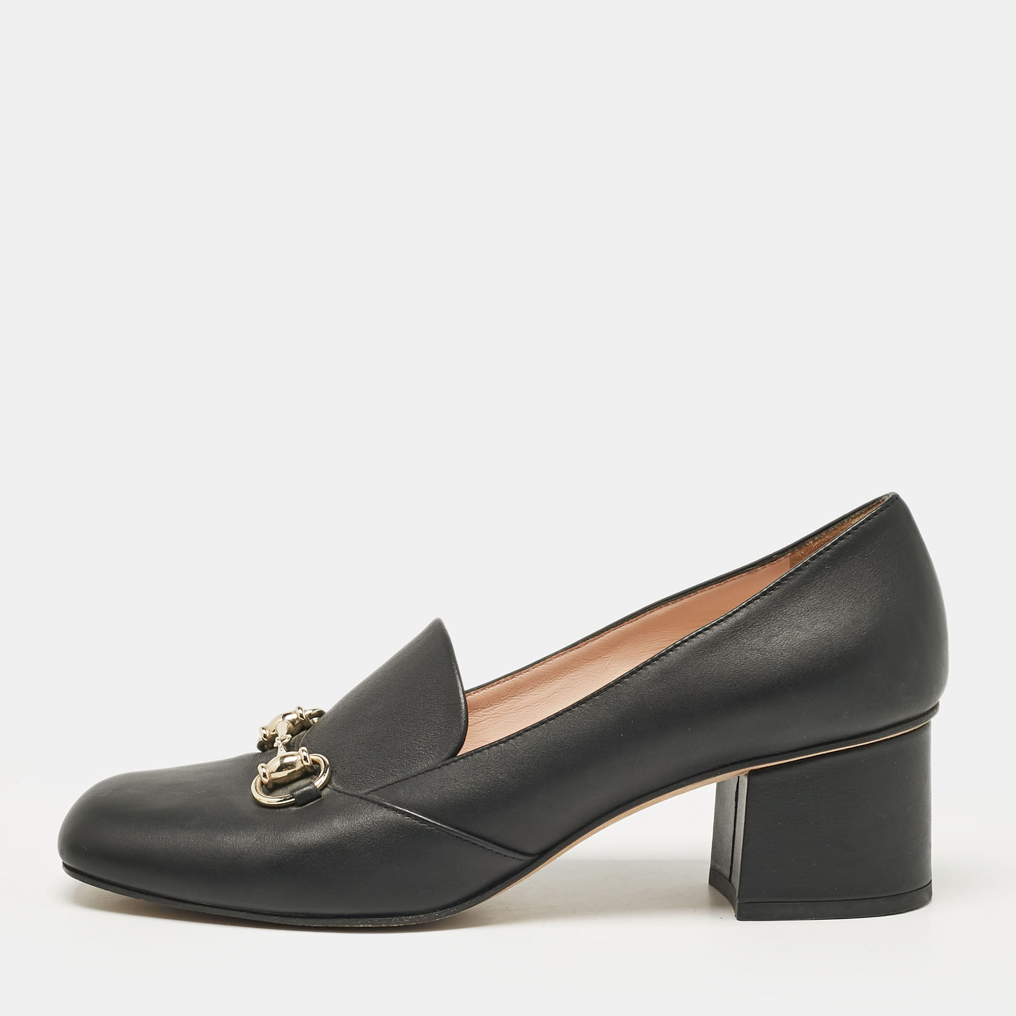 

Gucci Black Leather Horsebit Block Heel Pumps Size