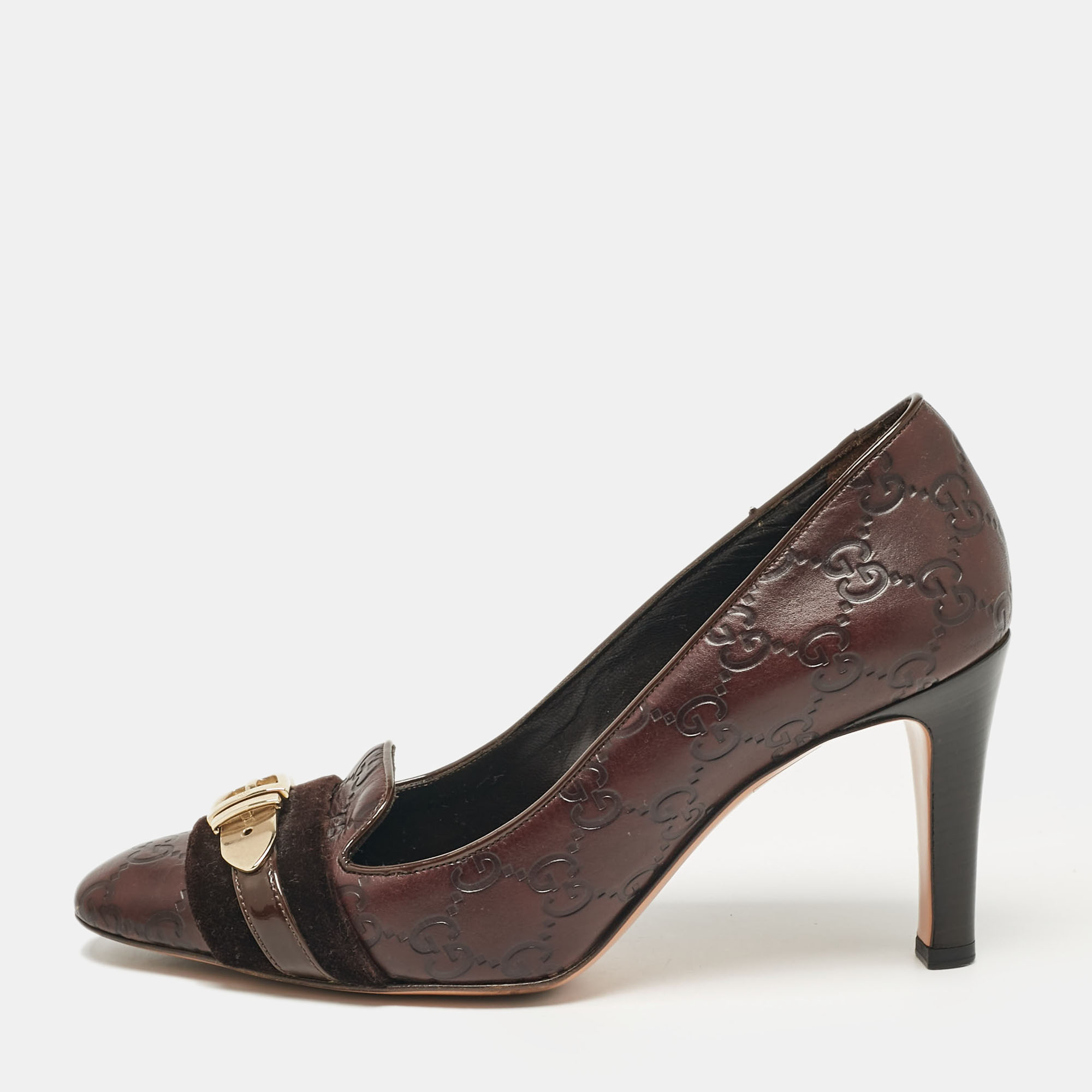 

Gucci Dark Brown Guccissima Leather and Velvet Metal Buckle Pumps Size