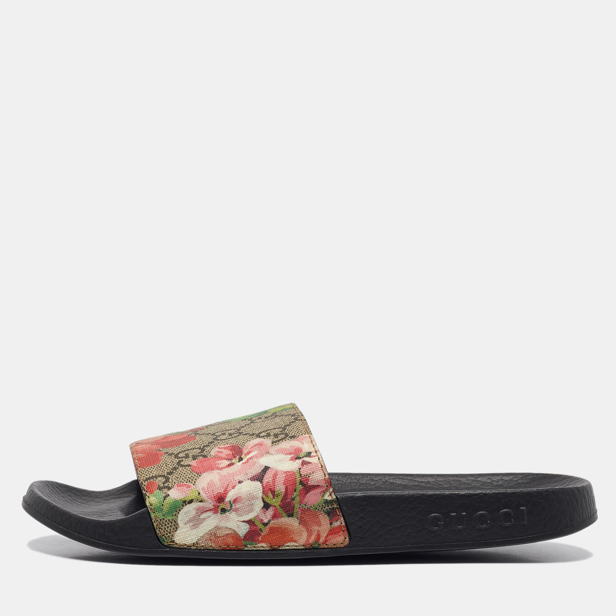 

Gucci Pink/Black GG Bloom Supreme Canvas Slide Flats Size