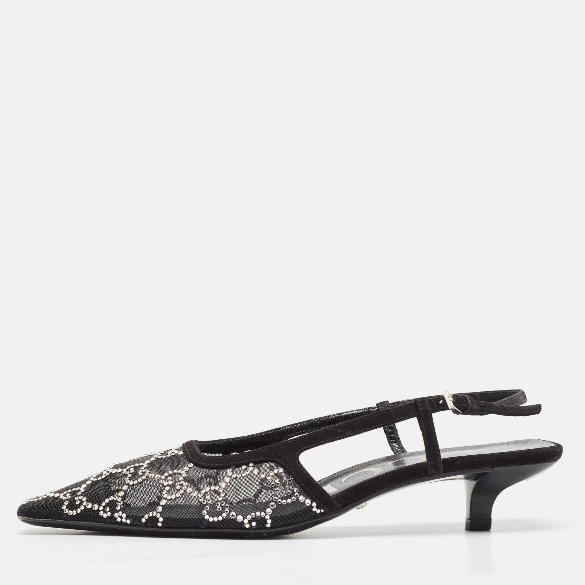 

Gucci Black Suede and Mesh Crystal Embellished Slingback Pumps Size