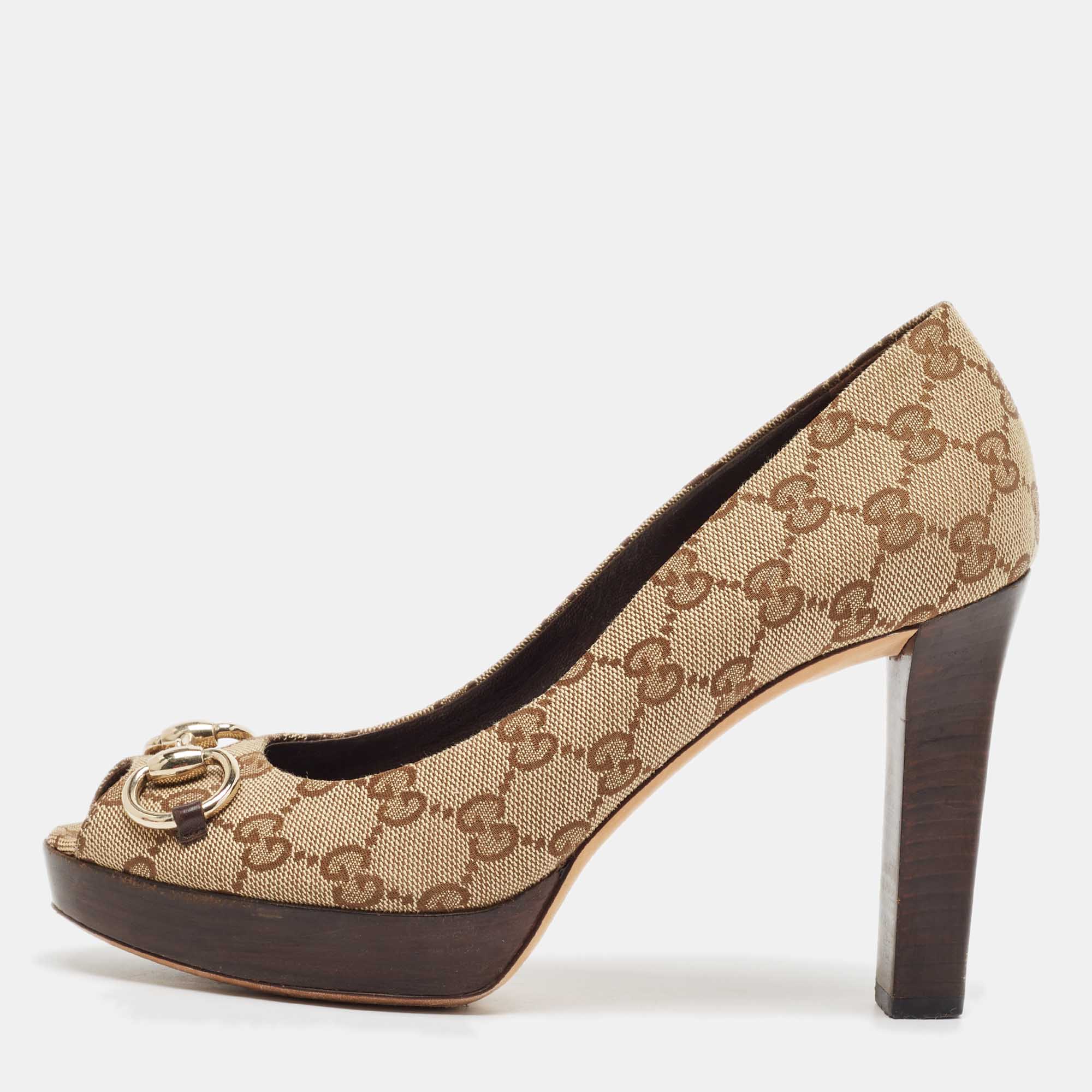 

Gucci Beige/Brown GG Canvas Horsebit Peep Toe Platform Pumps Size