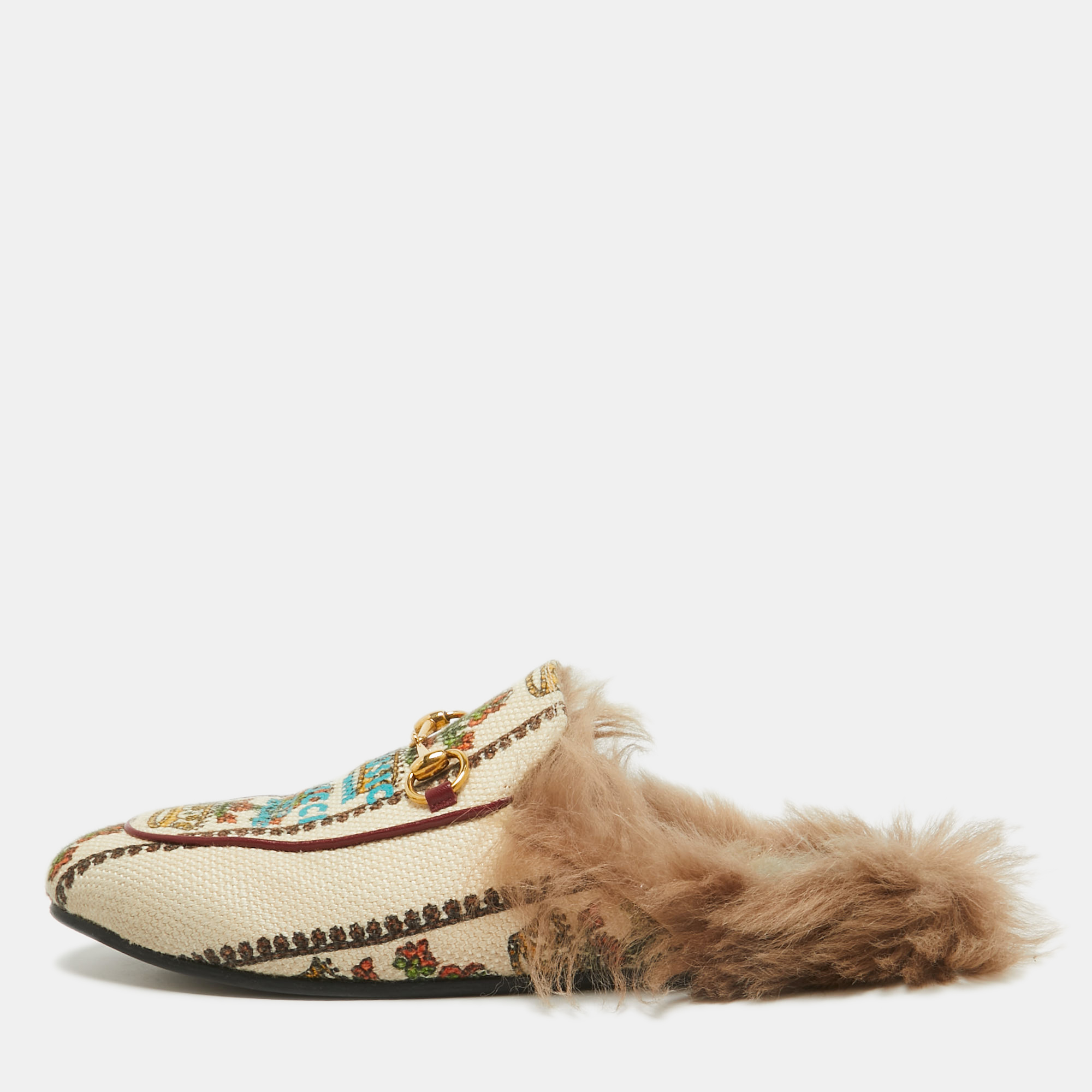 

Gucci Beige Canvas Printed Fur Princetown Flat Mules Size