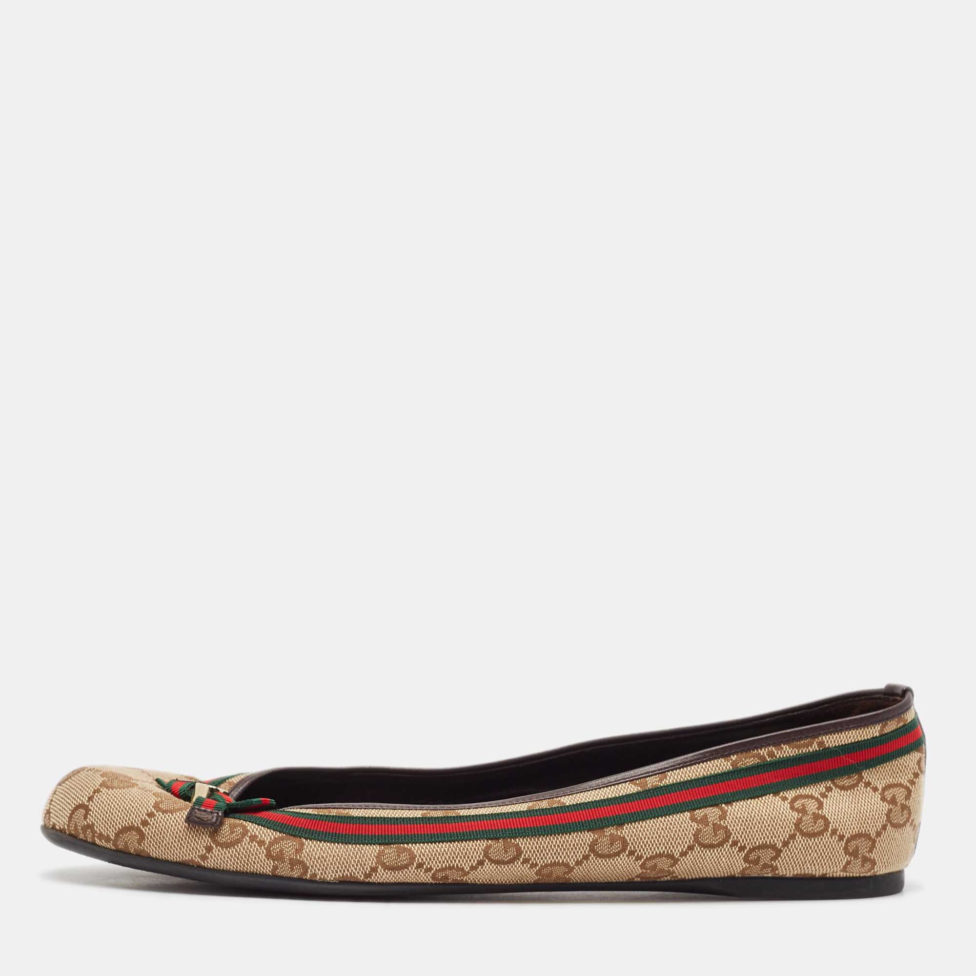 

Gucci Beige/Brown GG Canvas Web Mayfair Ballet Flats Size