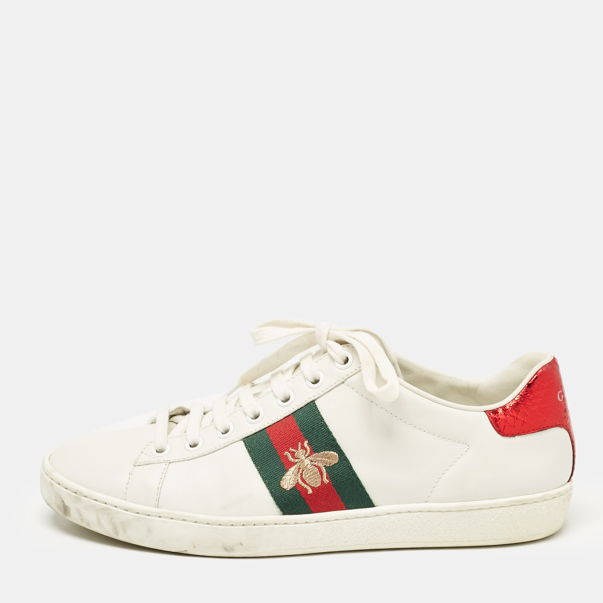 

Gucci White Leather Bee Embroidered Ace Low Top Sneakers Size