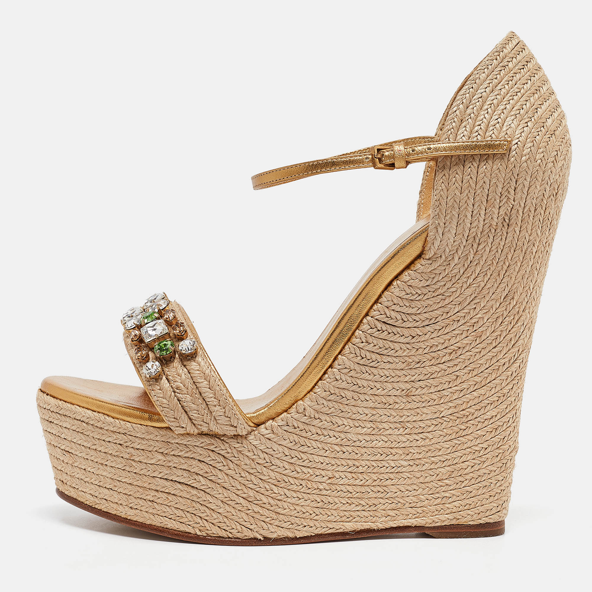 

Gucci Gold Leather and Jute Crystal Embellished Espadrille Wedge Sandals Size