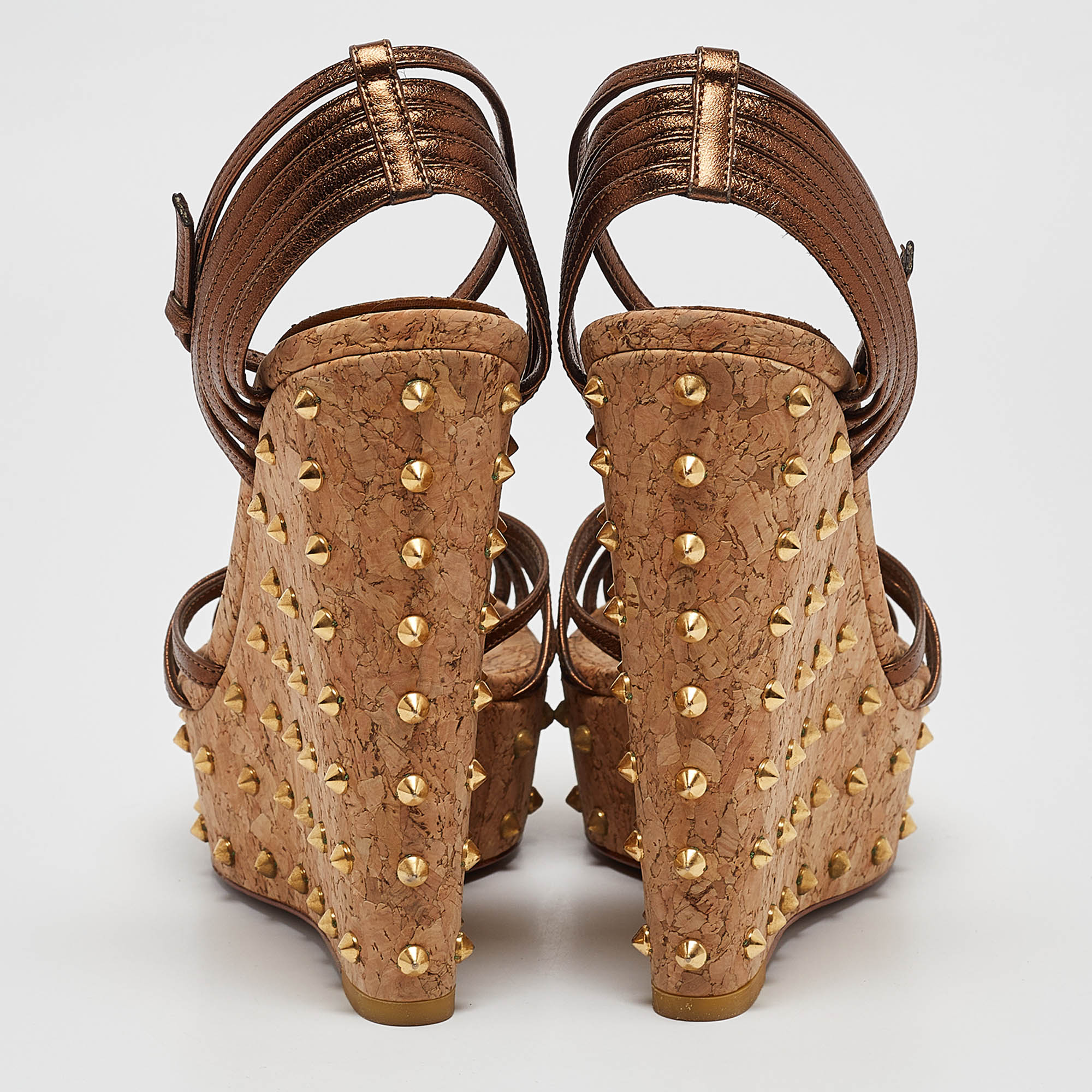 Gucci Metallic Brown Leather Studded Cork Platform Wedge Sandals Size 38.5 