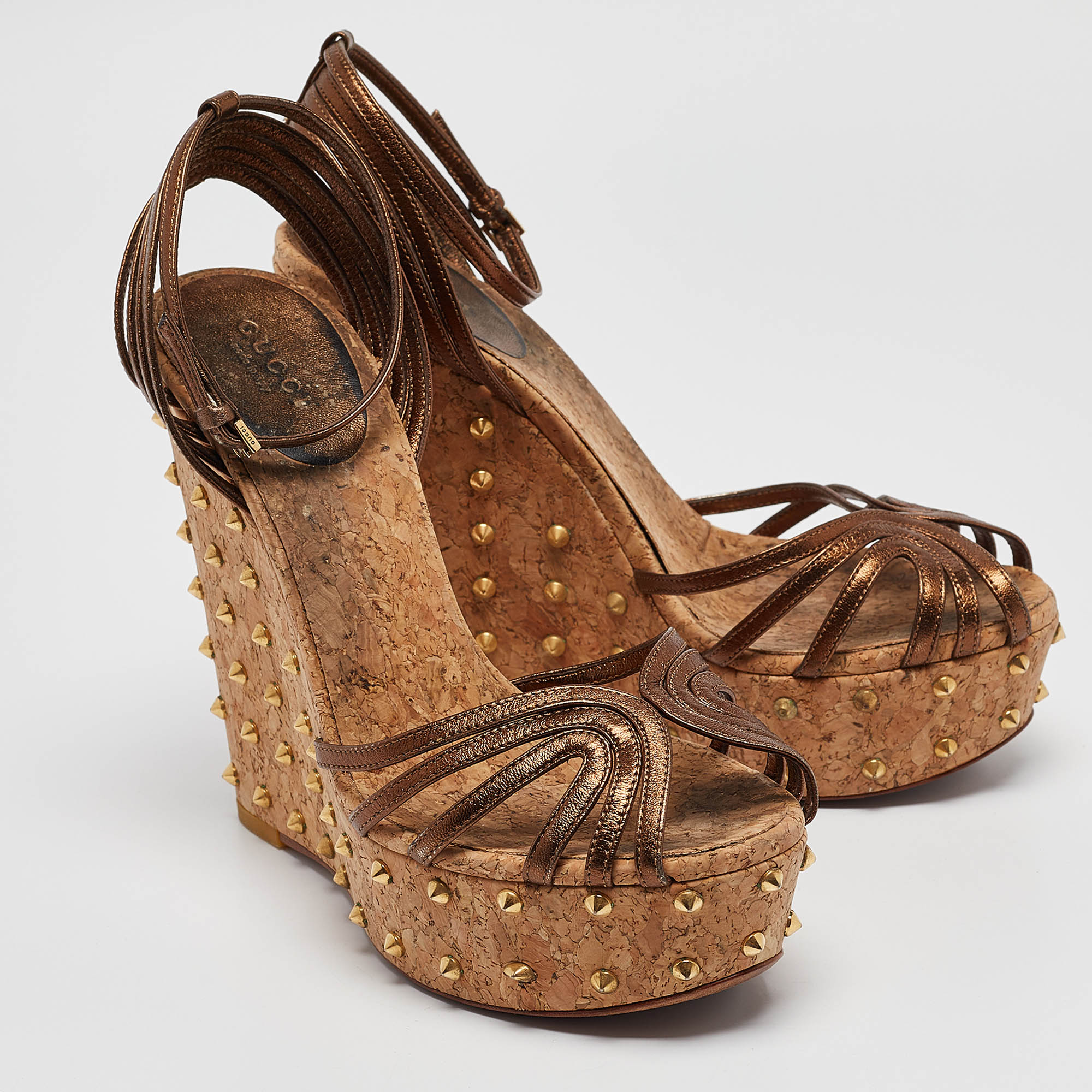 Gucci Metallic Brown Leather Studded Cork Platform Wedge Sandals Size 38.5 