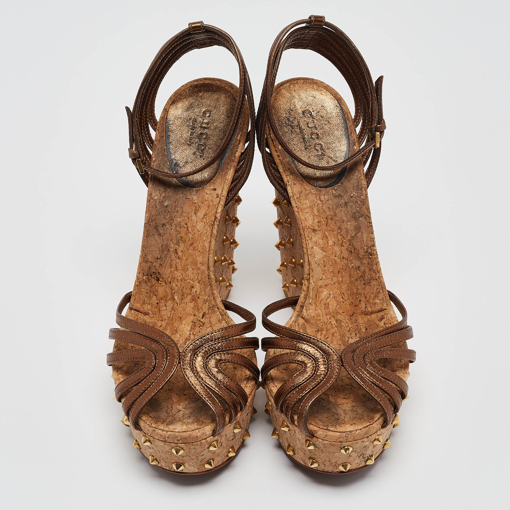 Gucci Metallic Brown Leather Studded Cork Platform Wedge Sandals Size 38.5 