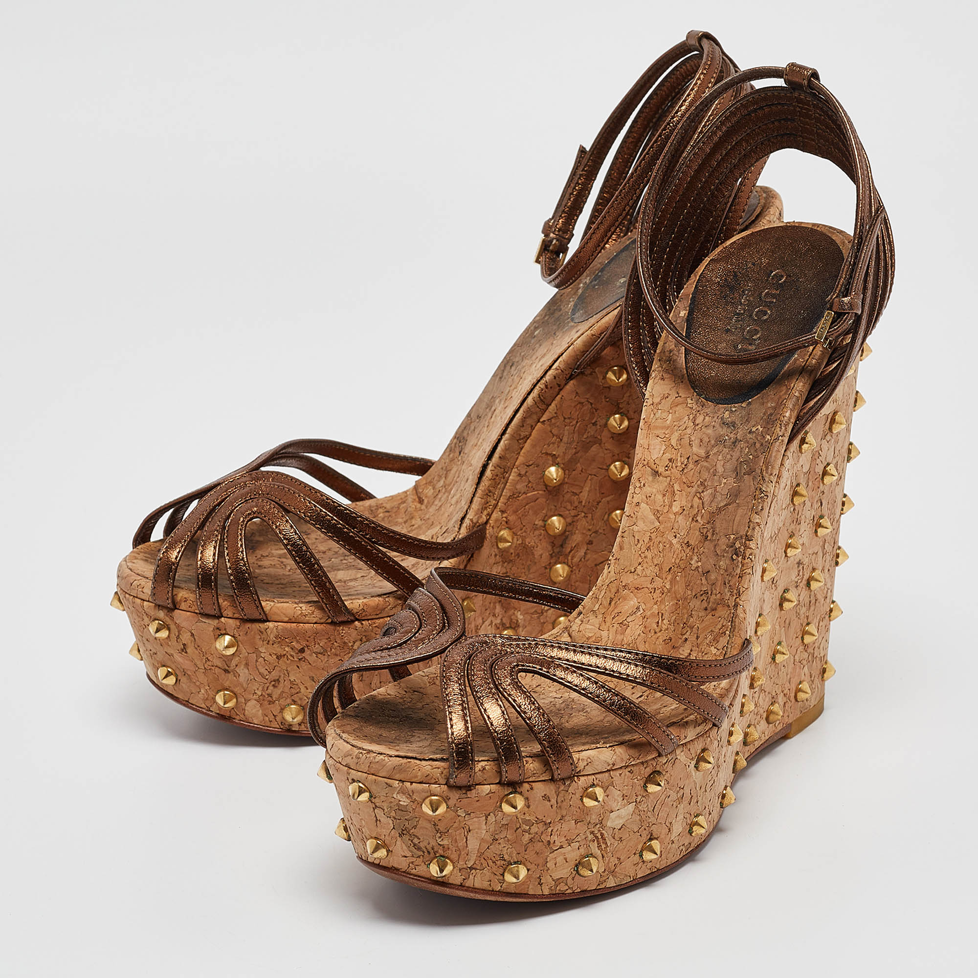 Gucci Metallic Brown Leather Studded Cork Platform Wedge Sandals Size 38.5 