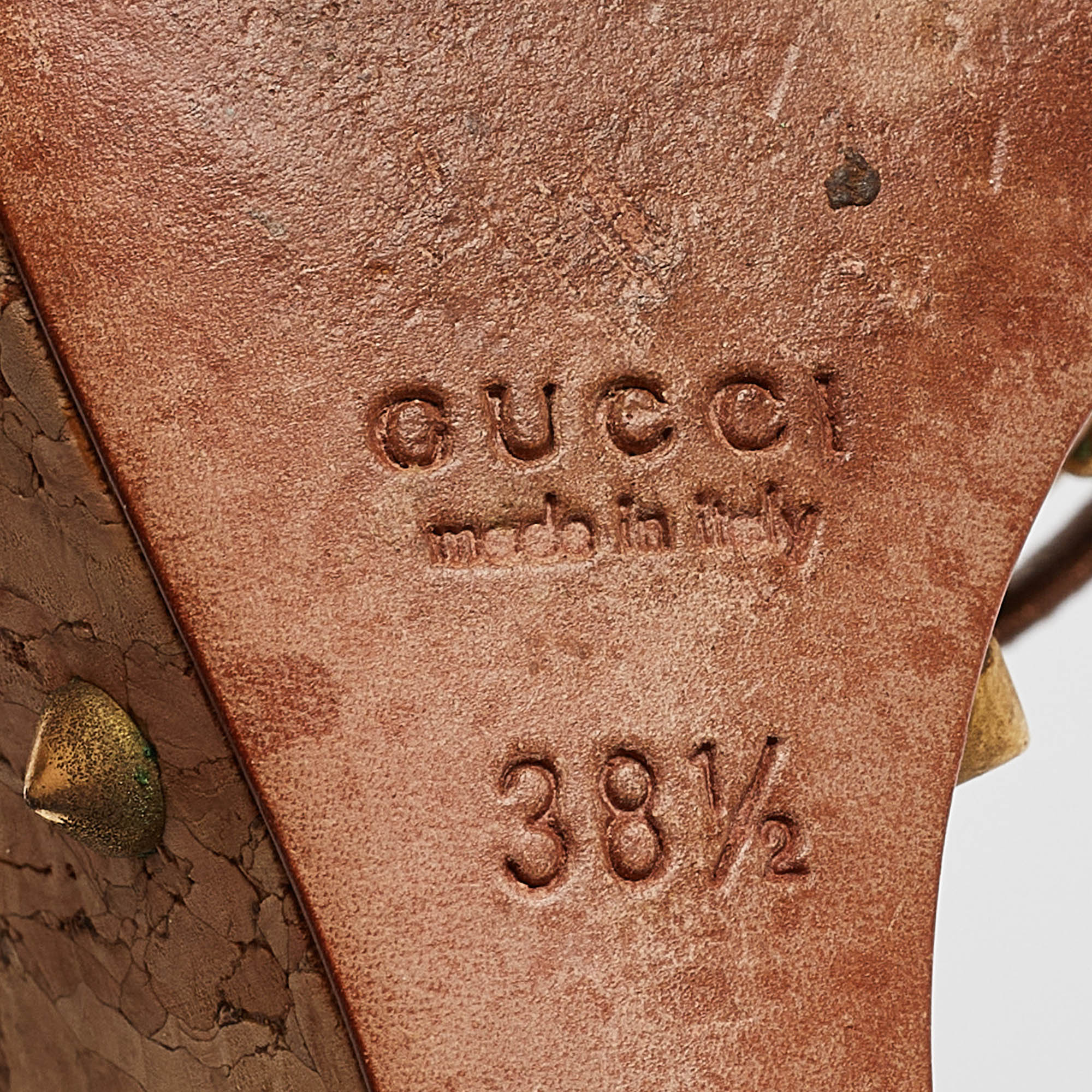 Gucci Metallic Brown Leather Studded Cork Platform Wedge Sandals Size 38.5 