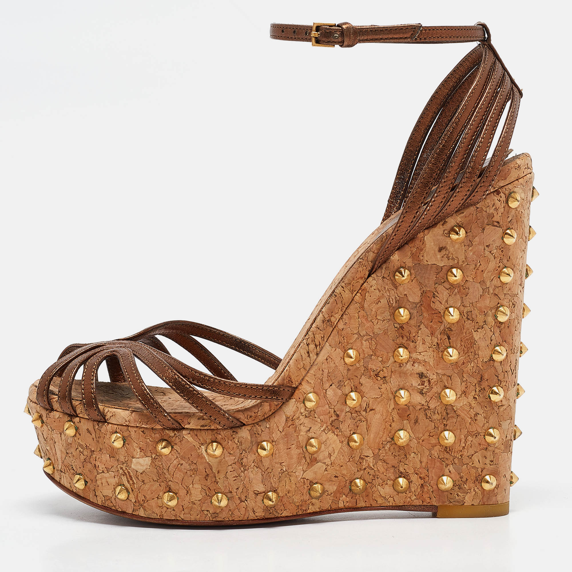 

Gucci Metallic Brown Leather Studded Cork Platform Wedge Sandals Size