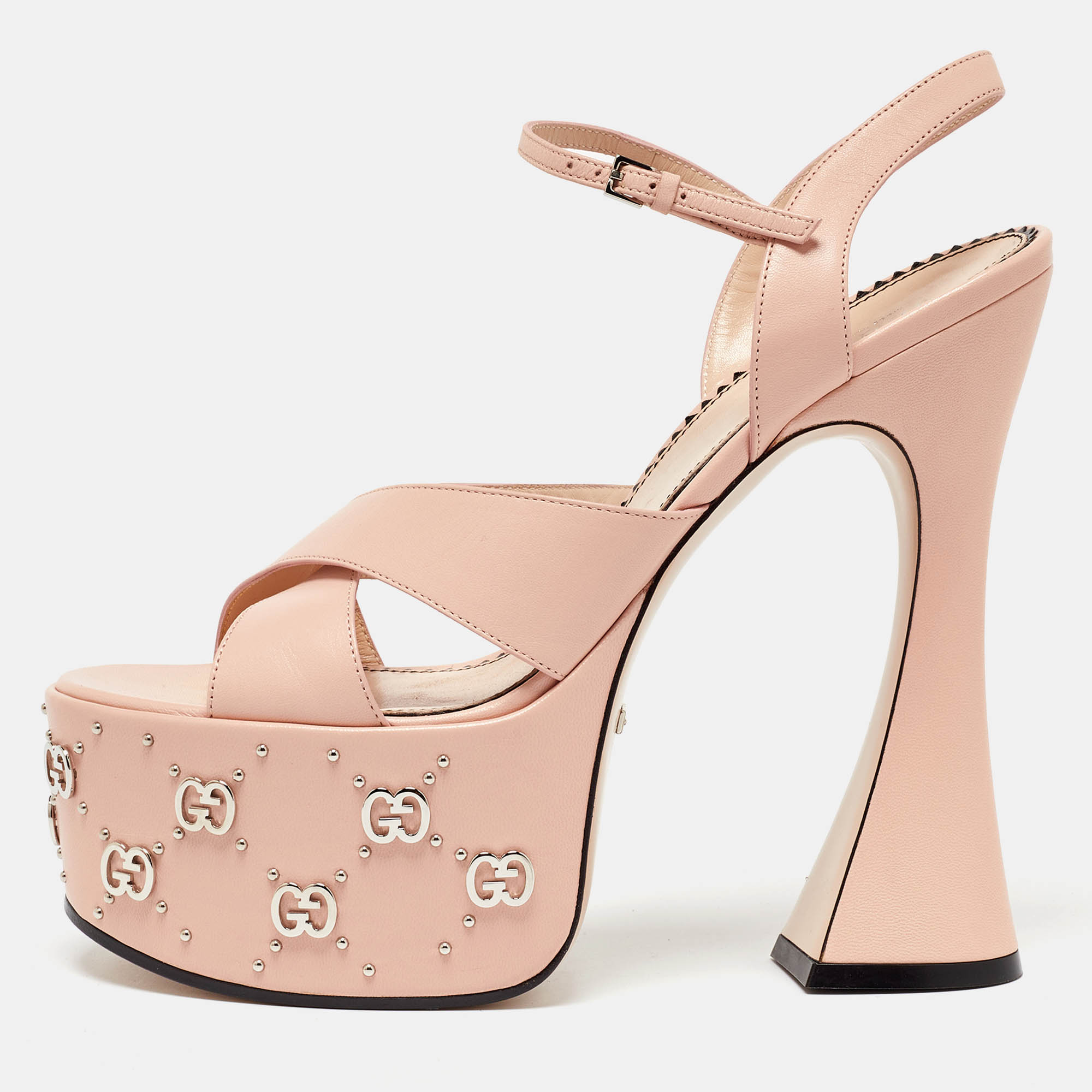 

Gucci Pink Leather GG Stud Malaga Platform Sandals Size