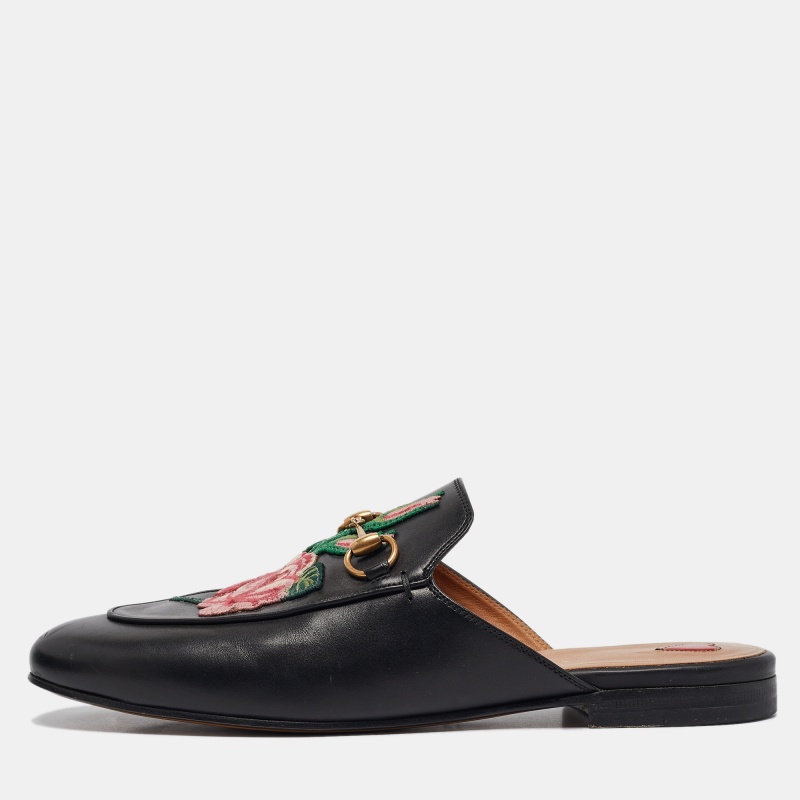 

Gucci Black Leather Rose Embroidered Princetown Flat Mules Size