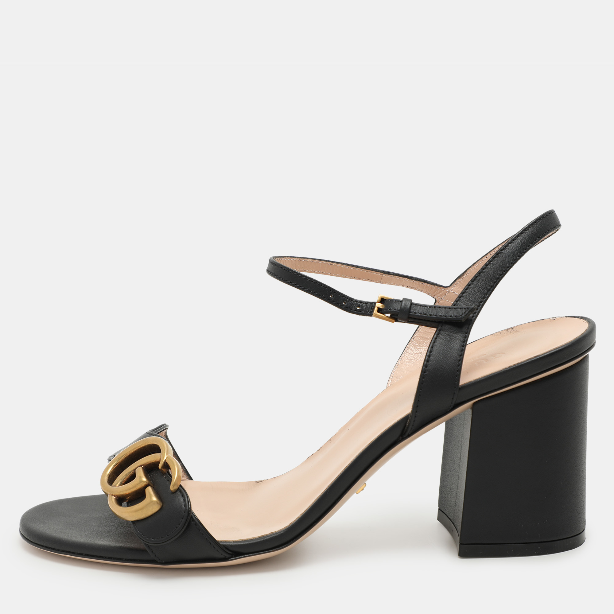 

Gucci Black Leather GG Marmont Ankle Strap Sandals