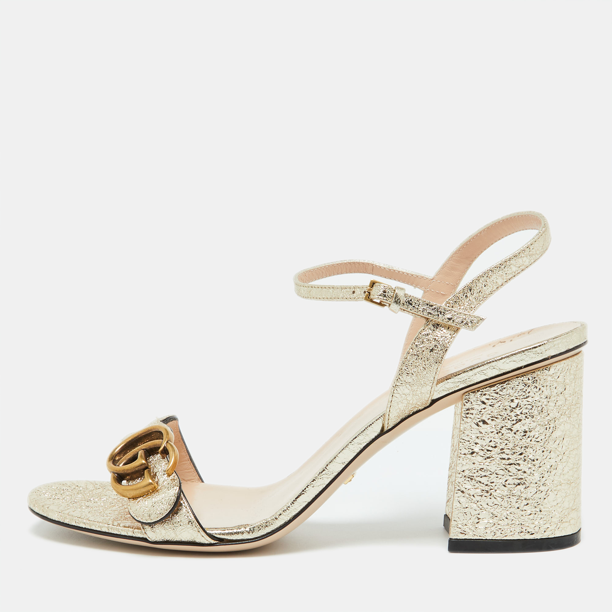 

Gucci Gold Crinkled Leather GG Marmont Ankle Strap Sandals Size