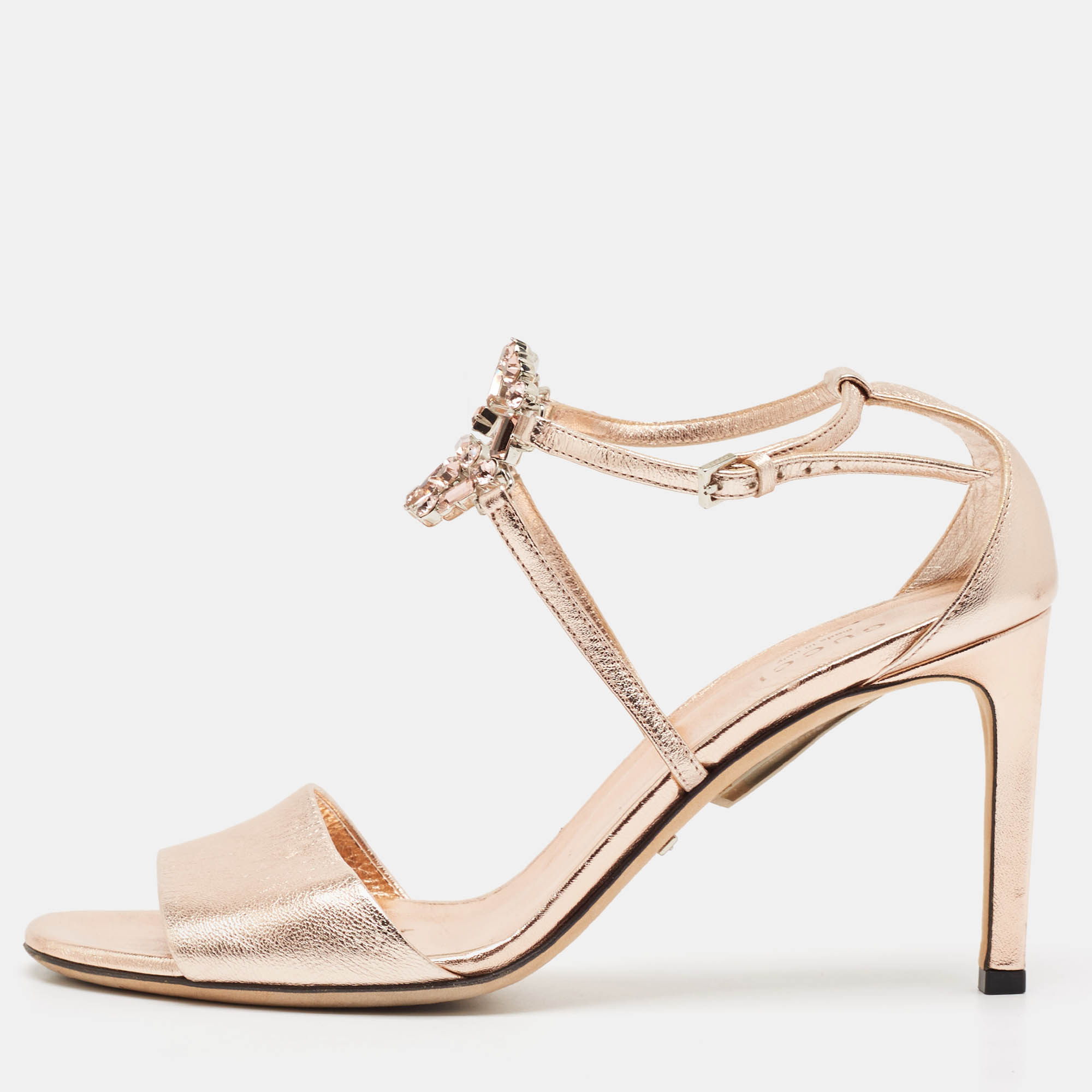 

Gucci Metallic Rose Gold Leather Crystal Embellished GG Logo Ankle Strap Sandals Size