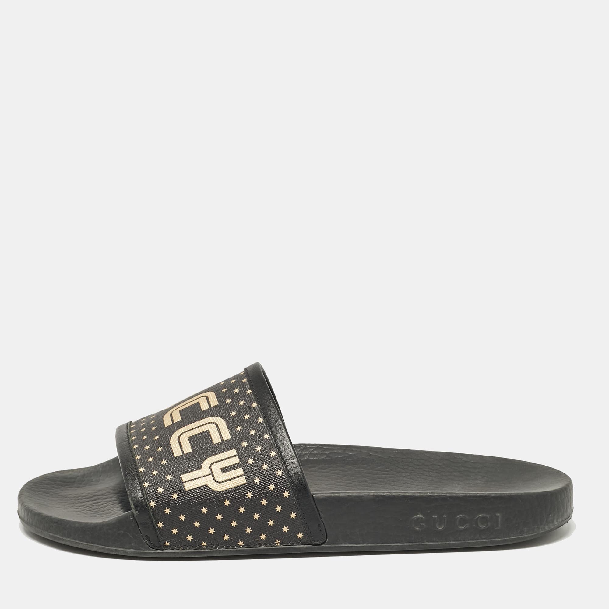 

Gucci Black/Gold Coated Canvas and Leather Star Guccy Slides Size