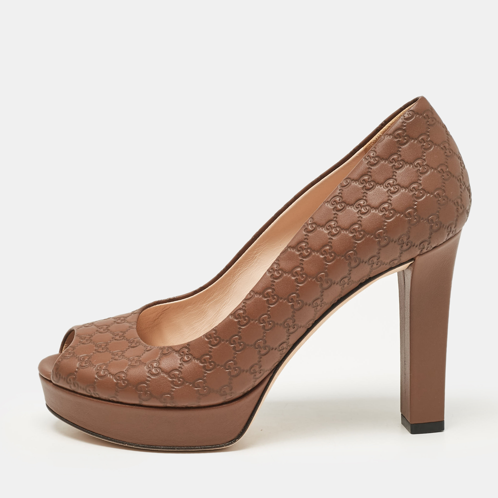 

Gucci Brown Microguccissima Leather Peep Toe Platform Pumps Size