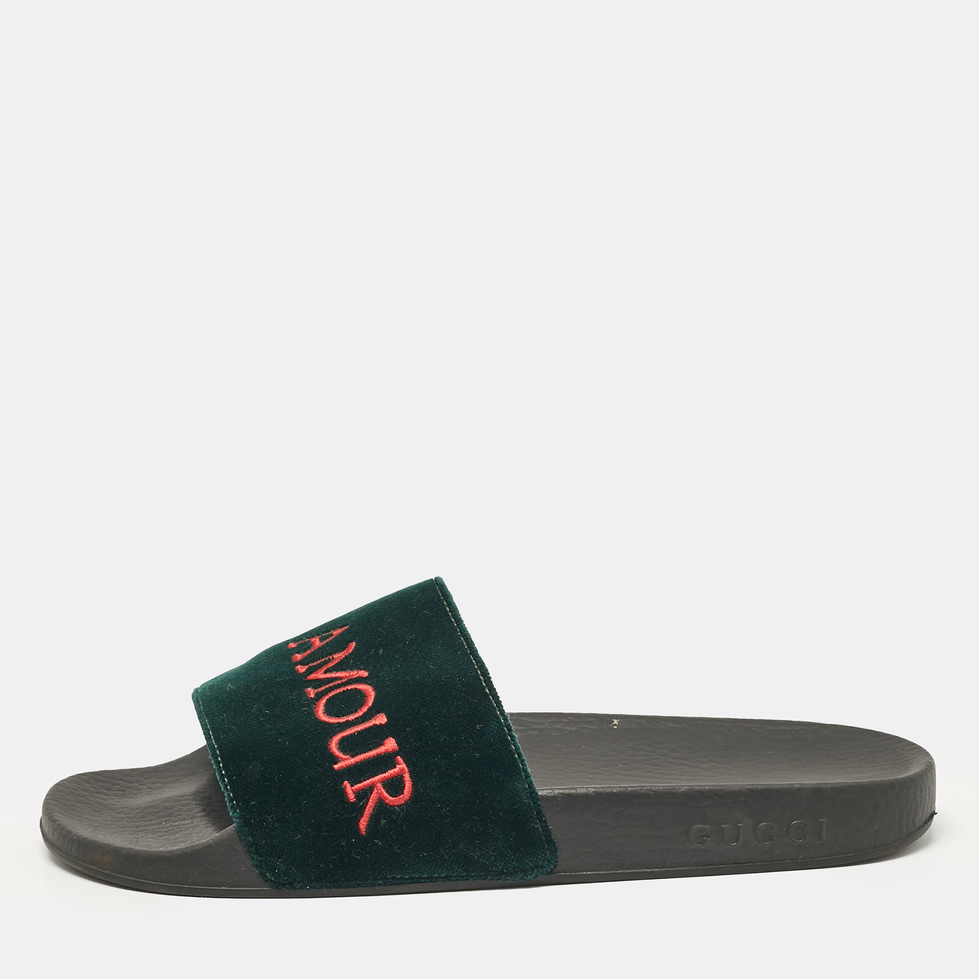 

Gucci Green Velvet Embroidered L'aveugle Par Amour Slides Size