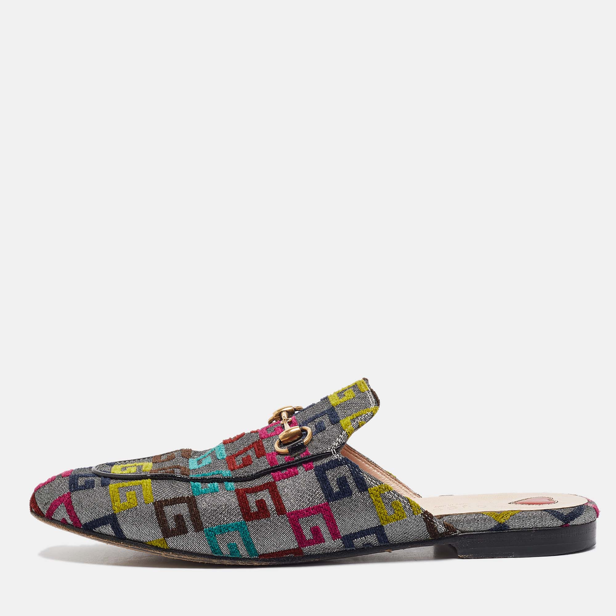 

Gucci Multicolor Brocade Fabric Horsebit Princetown Flat Mules Size