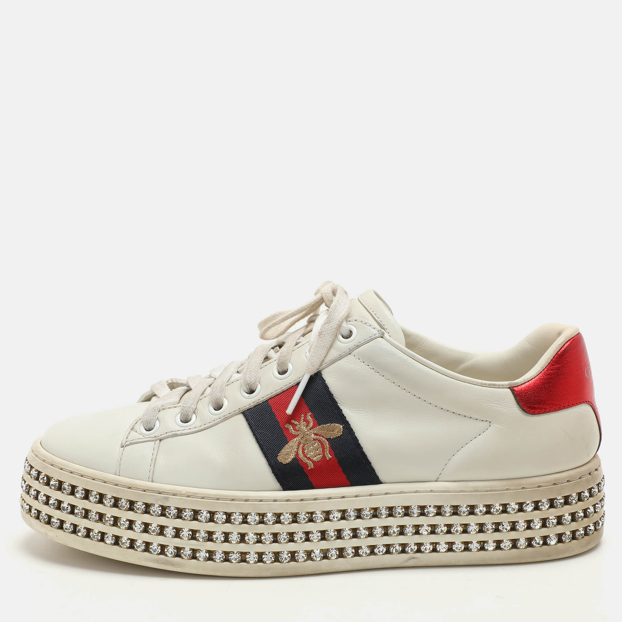 

Gucci White Leather And Bee Web Detail New Ace Crystal Embellished Platform Sneakers Size