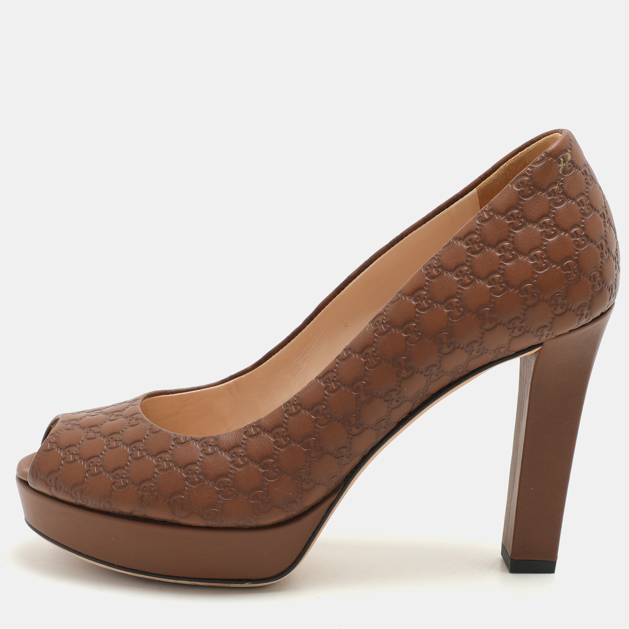 

Gucci Brown Microguccissima Leather Peep Toe Platform Pumps Size