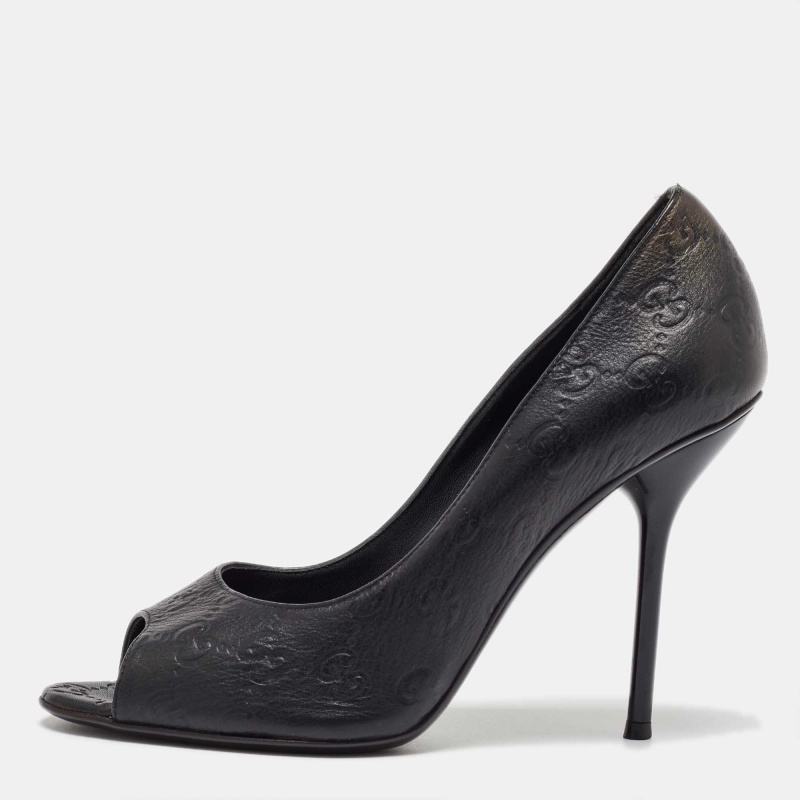 

Gucci Black Guccissima Leather Open Toe Pumps Size