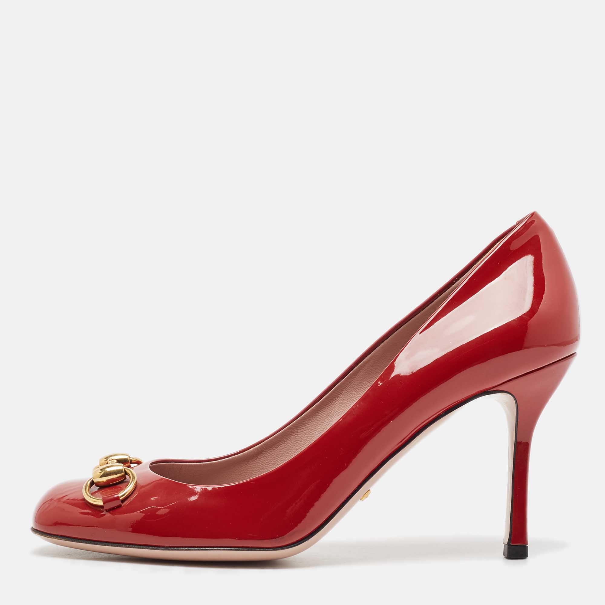 

Gucci Red Patent Leather Jolene Horsebit Pumps Size