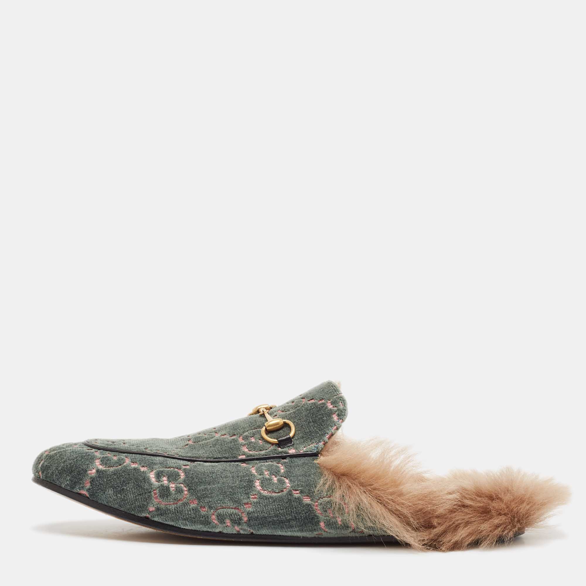 

Gucci Green/Beige Fur and Velvet Princetown Mules Size