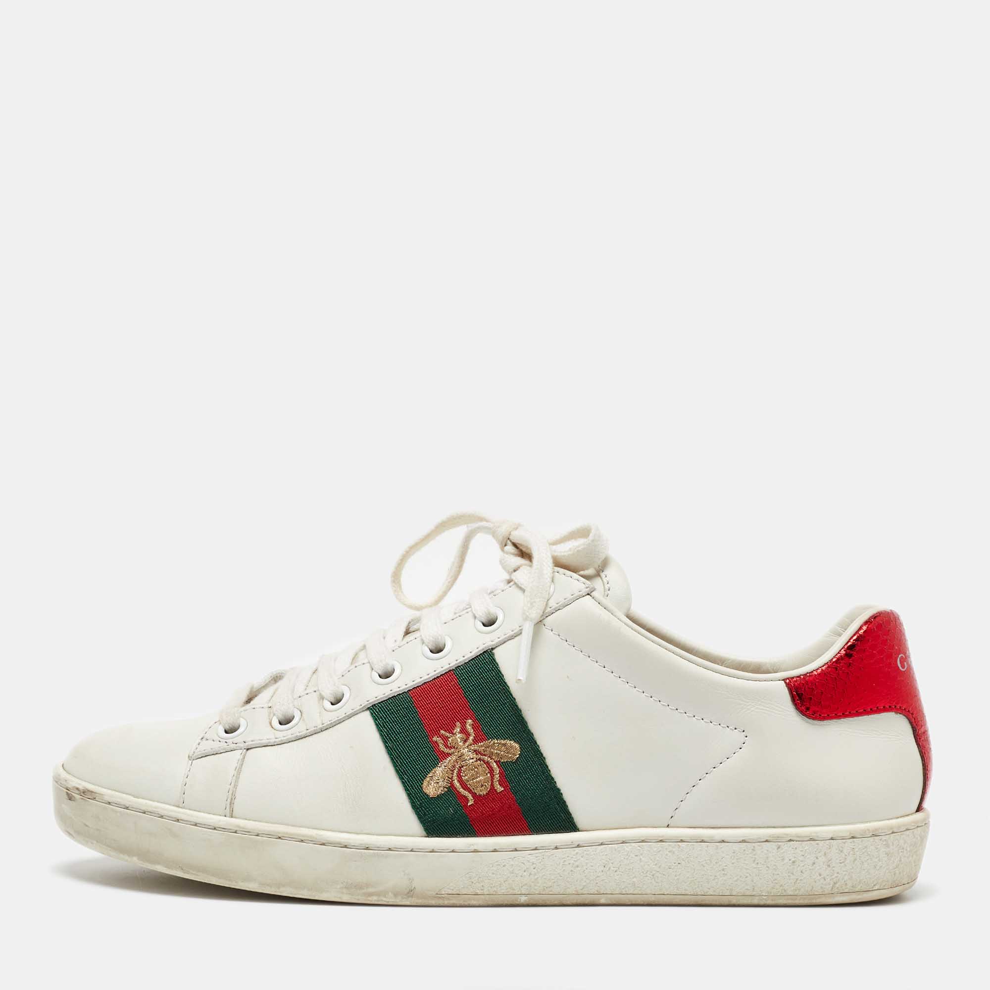 

Gucci White Leather Bee Embroidered Ace Low Top Sneakers Size