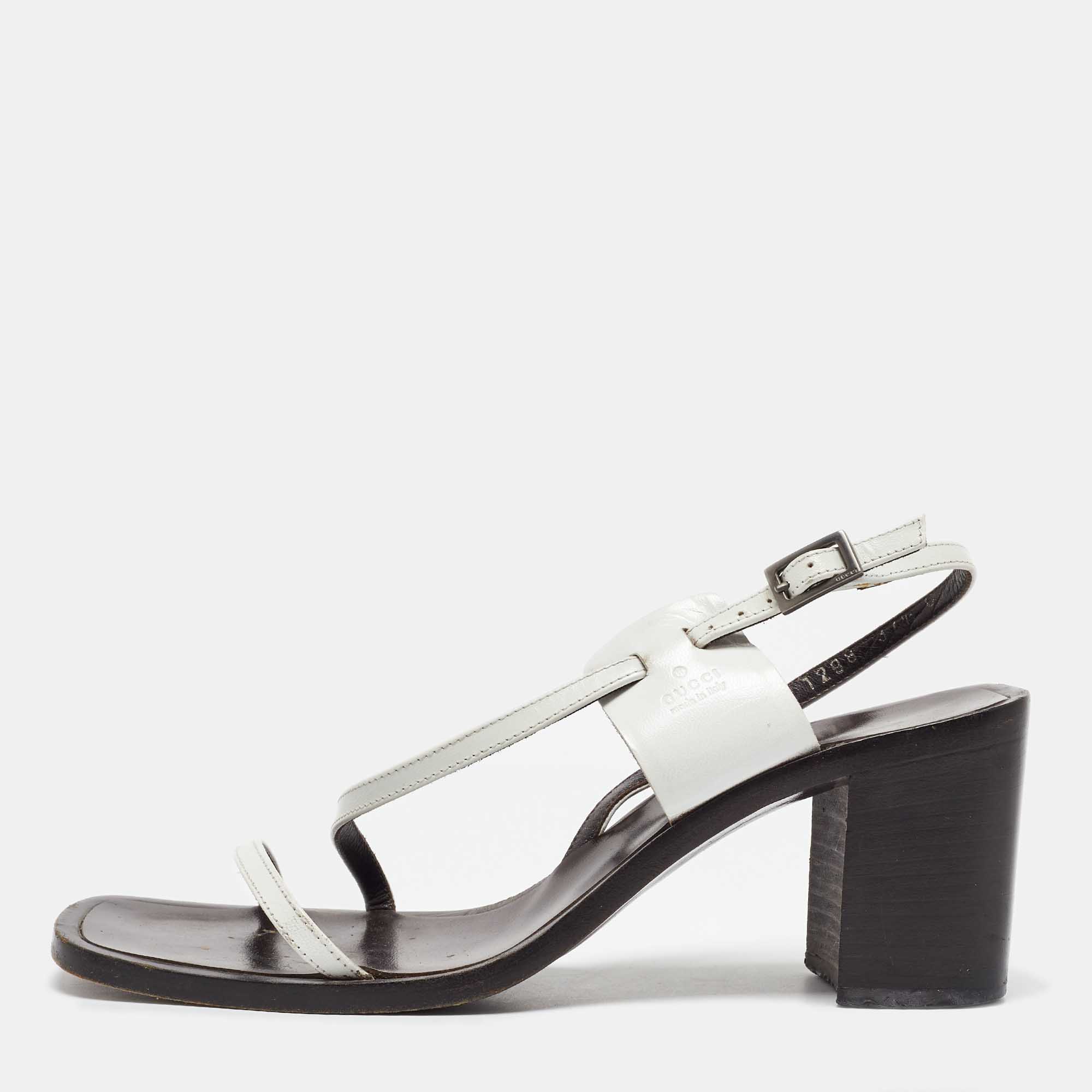 

Gucci White Leather Strappy Block Heel Slingback Sandals Size