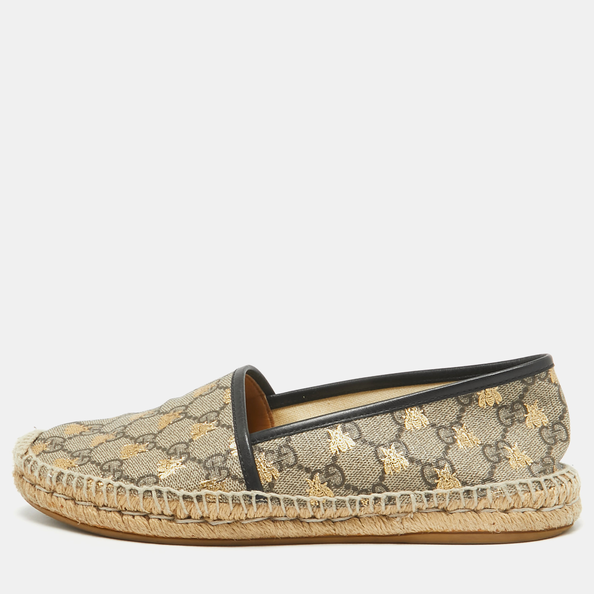 

Gucci Brown/Beige GG Supreme Canvas Printed Bee Espadrille Flats Size