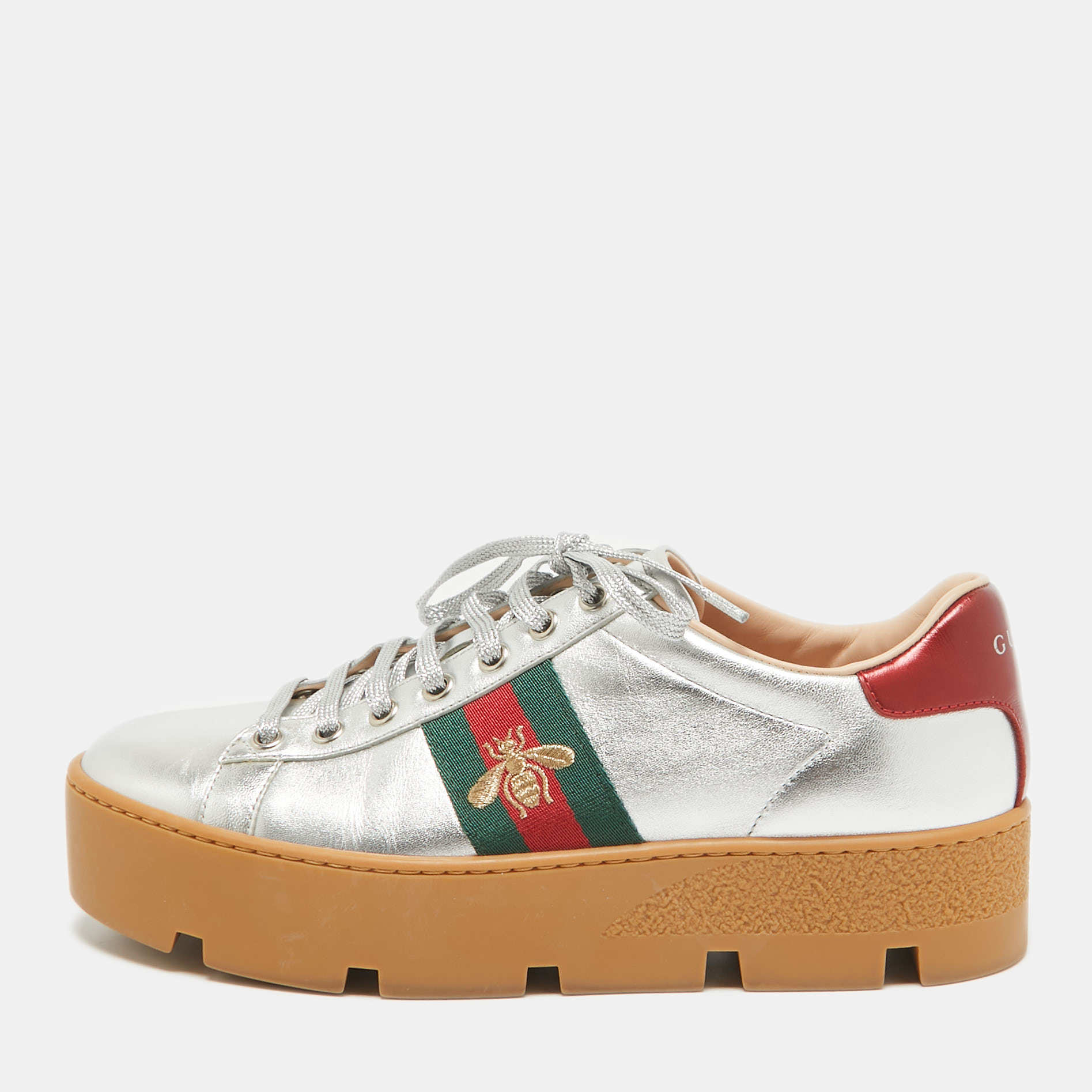 

Gucci Silver Leather Bee Embroidered Ace Platform Sneakers Size