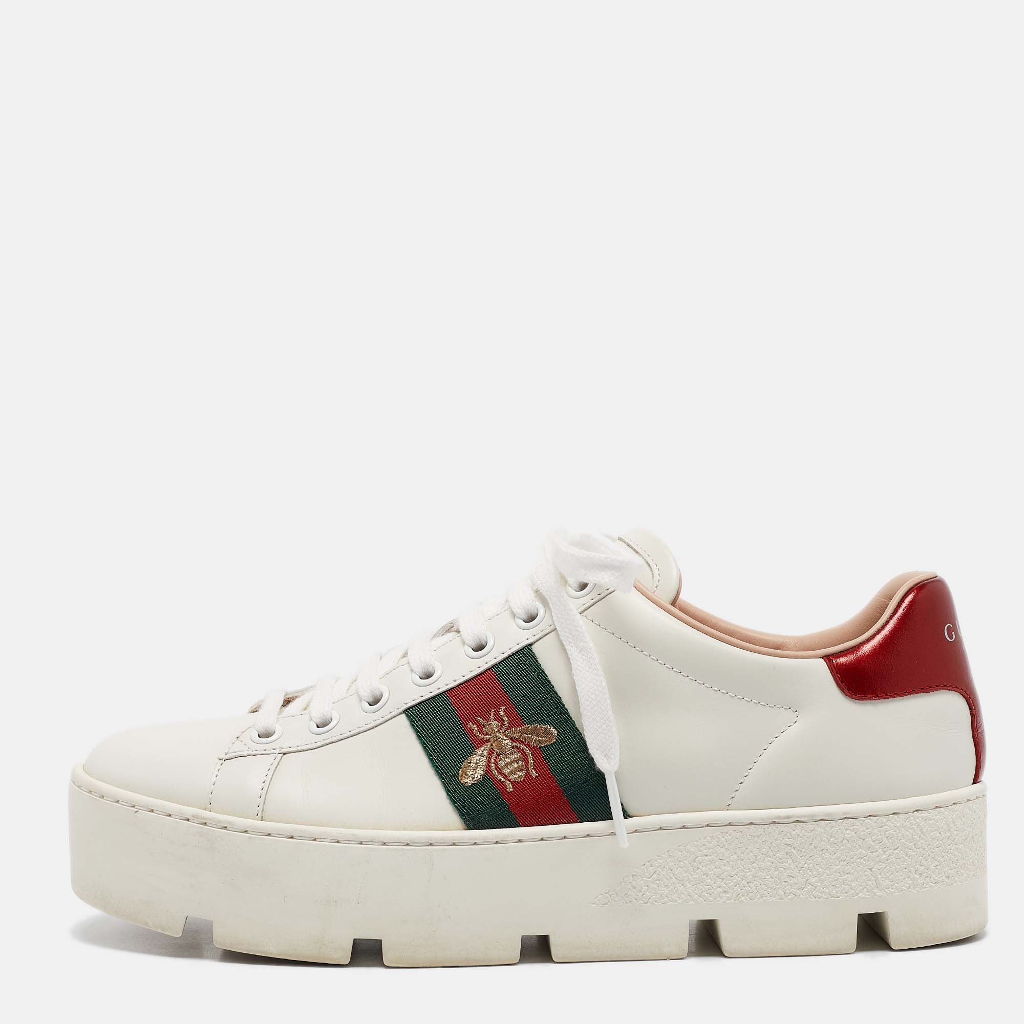 

Gucci White Leather Bee Embroidered Ace Platform Sneakers Size