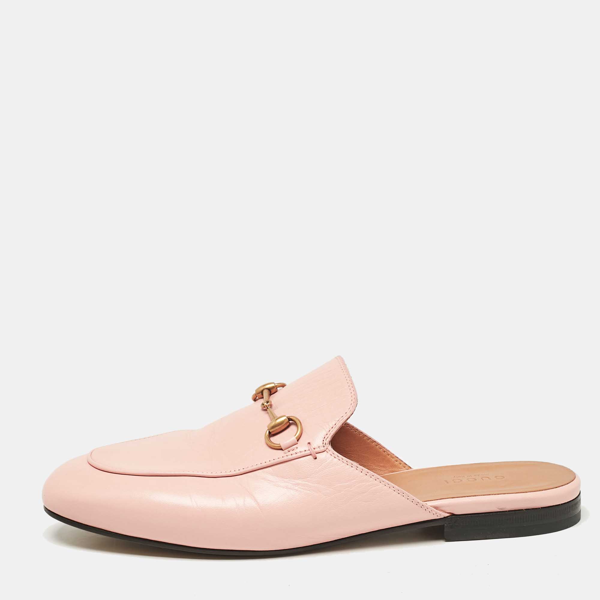 

Gucci Pink Leather Princetown Horsebit Flat Mules Size